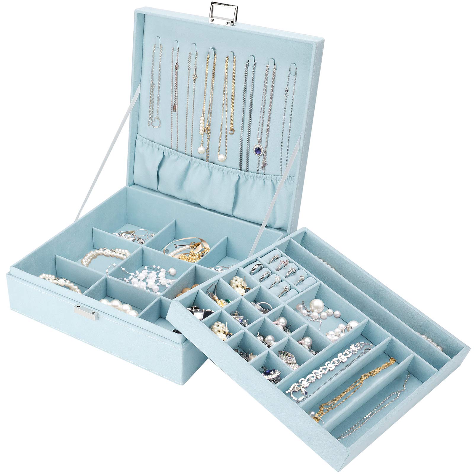 ProCase Velvet Jewelry Box Organizer for Women - 2 Layer Jewelry Display Storage Case for Necklaces, Earrings, Bracelets & Rings - Blue - Perfect for Travel, Home Decor & Gift Giving