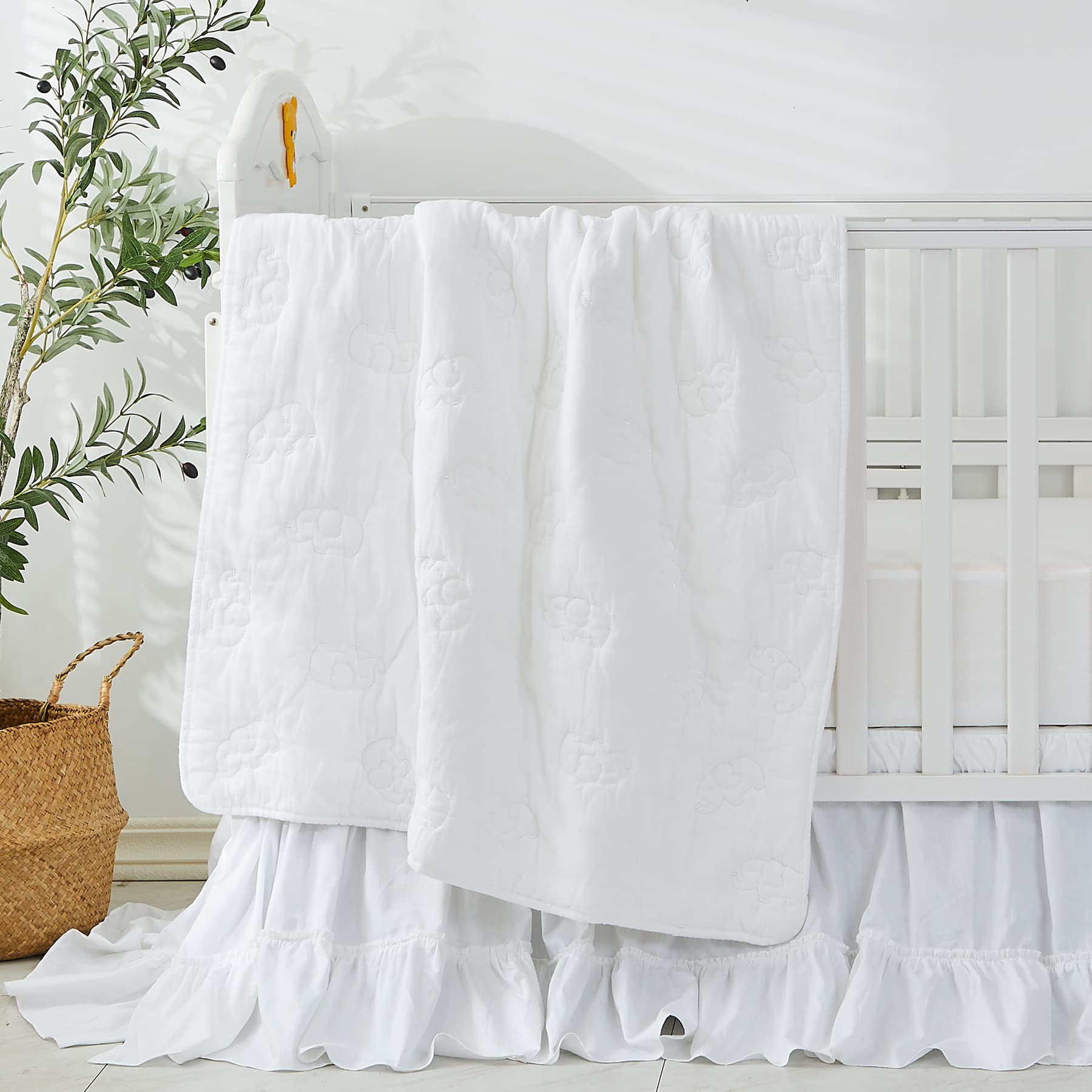Brandream Unisex Bohemian Baby Crib Bedding Set - 3 Piece Cotton Quilt with Elephant Embroidery, White Farmhouse Chic Nursery Decor for Boys & Girls - Perfect for Gender Neutral Nursery, Baby Shower Gift & Newborn Essentials