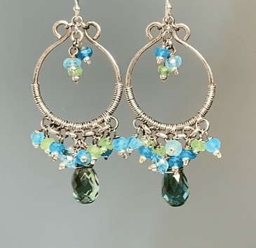 Oxidized Silver Hoop Chandelier Earrings with Aqua, Green Tsavorite & Blue Topaz Gemstones | Elegant Dangling Earrings for Women | Perfect for Parties, Weddings & Evening Events