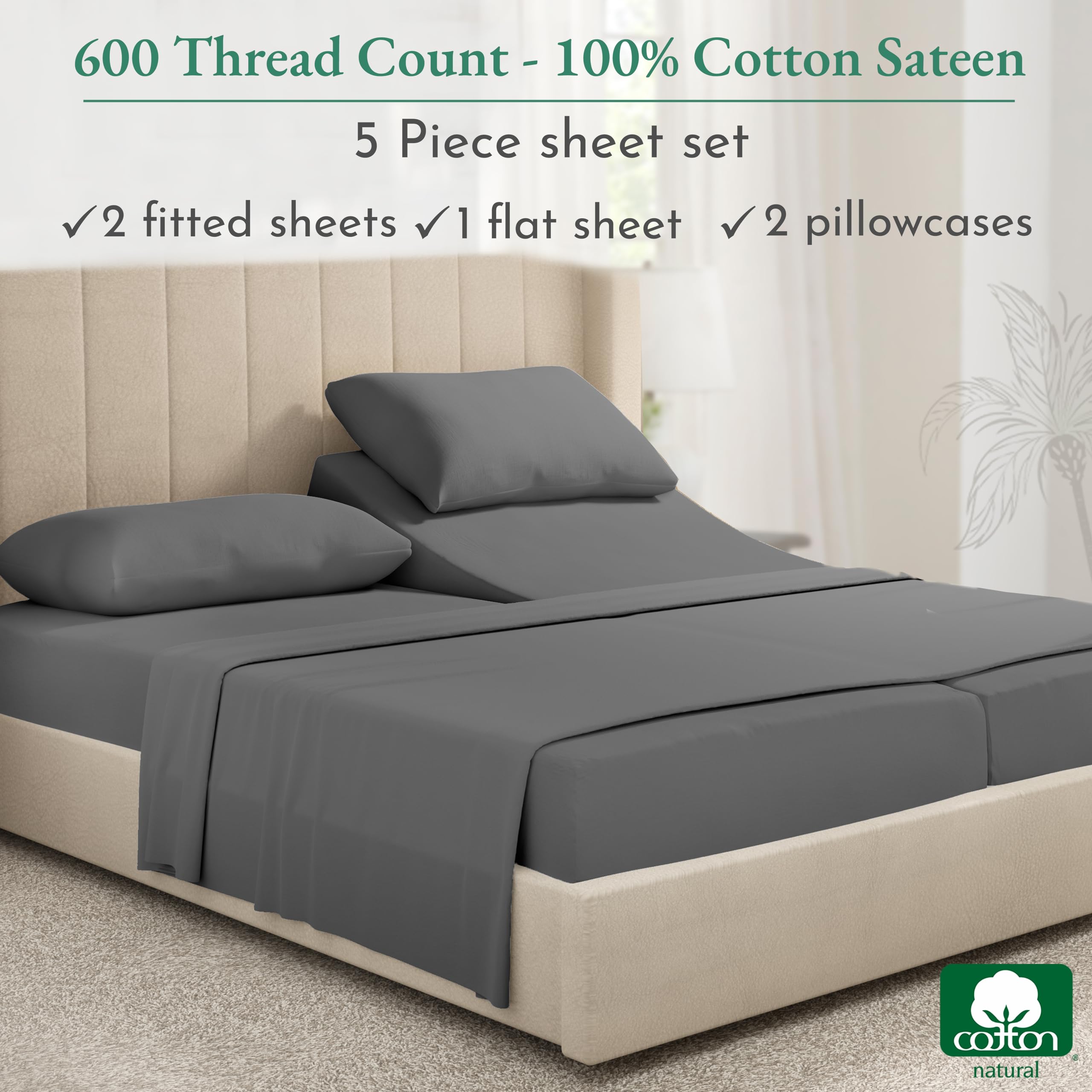 California Design Den Split King Sheet Set - 100% Cotton, 600 Thread Count, Breathable Luxury King Size Sheets for Adjustable Bed, Soft Sateen Weave, Hotel-Quality Bedding - Grey | Perfect for Master Bedroom, Guest Room & Luxury Hotels