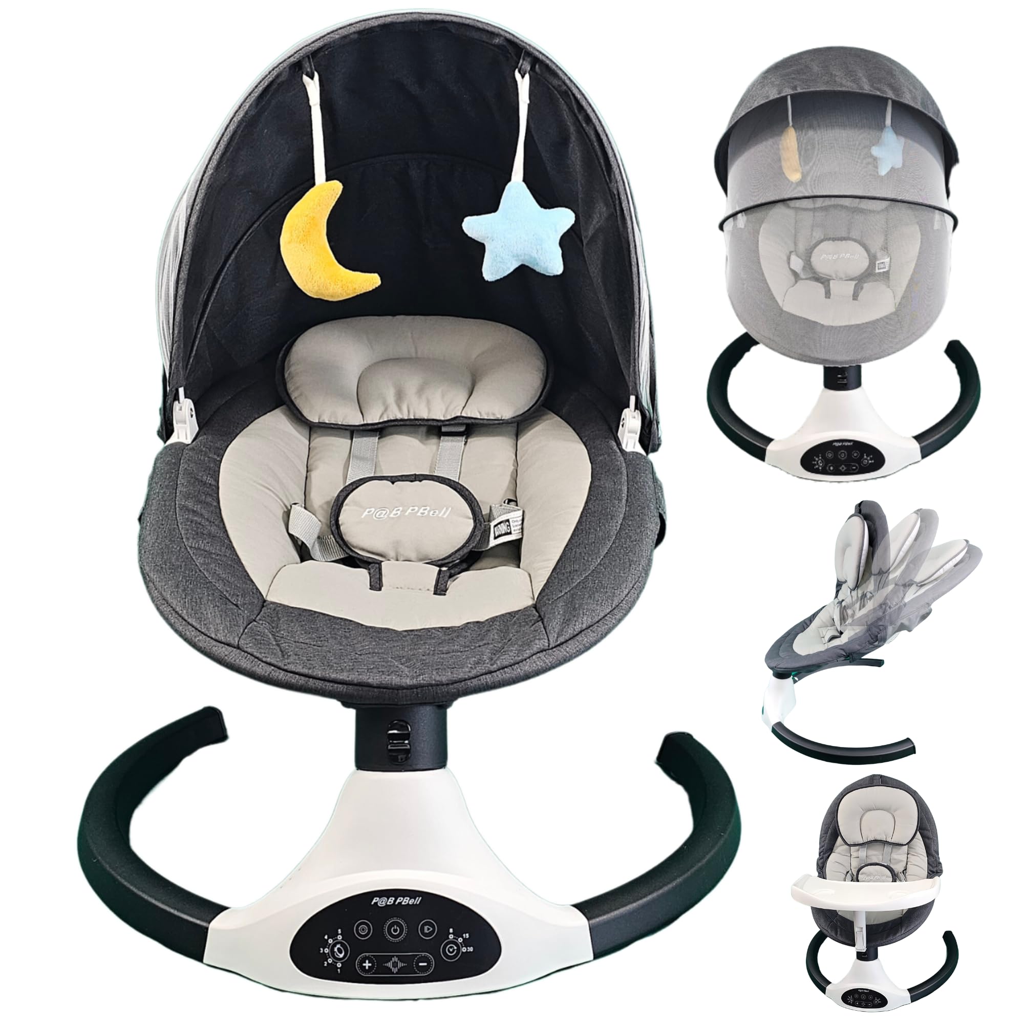 PBell Electric Baby Swing for Infants & Toddlers - Portable Bluetooth Baby Swinger with 5 Speeds, Remote Control & Music Speaker - Newborn Rocker with 5-Point Safety Belt & 2 Toys (Black) - Perfect for Nursery, Travel & Soothing Fussy Babies