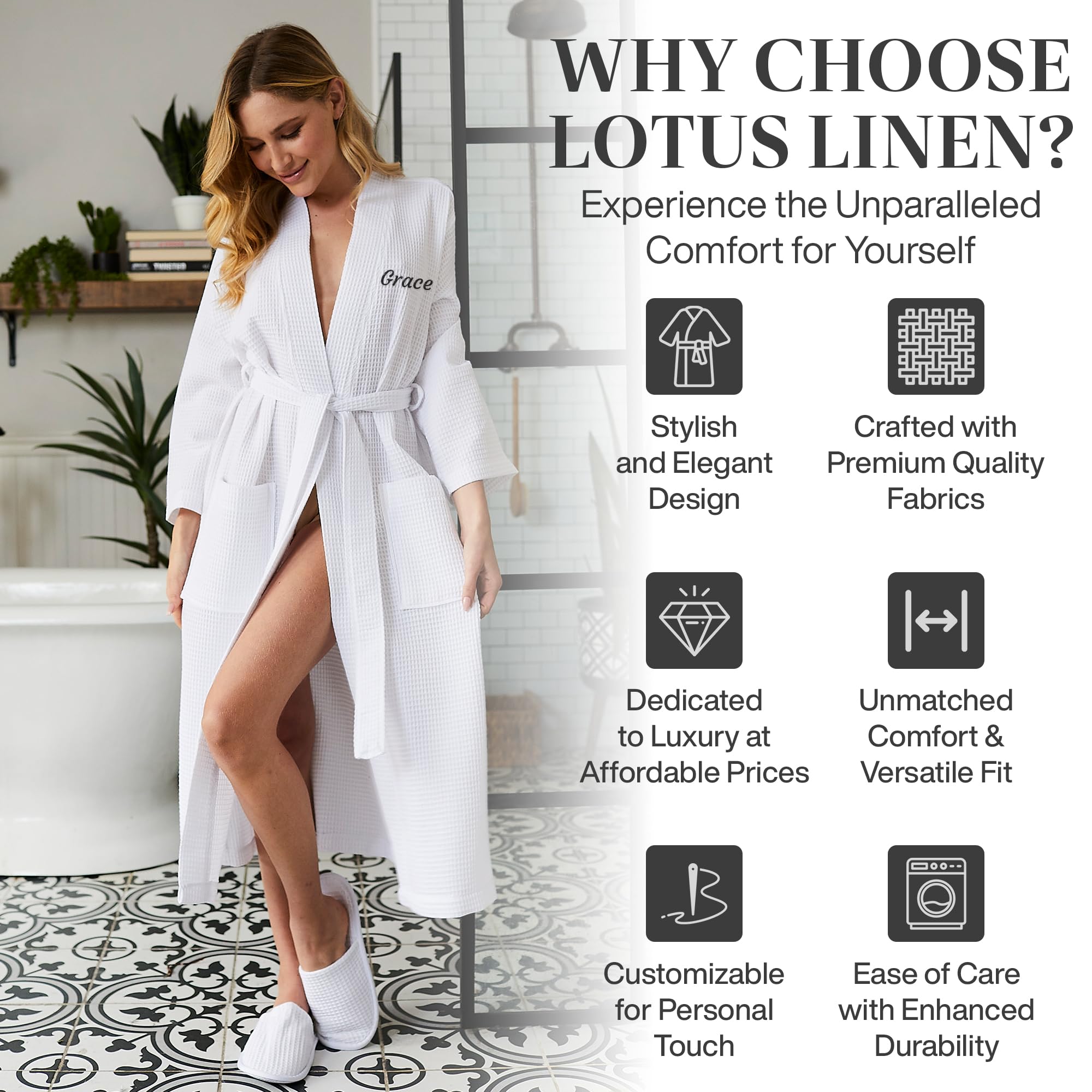 Lotus Linen Women's Lightweight Waffle Weave Robe - Soft Long Cotton Kimono Bathrobe for Spa, Lounge & Home Relaxation | Breathable Comfortable Bath Robe for Women