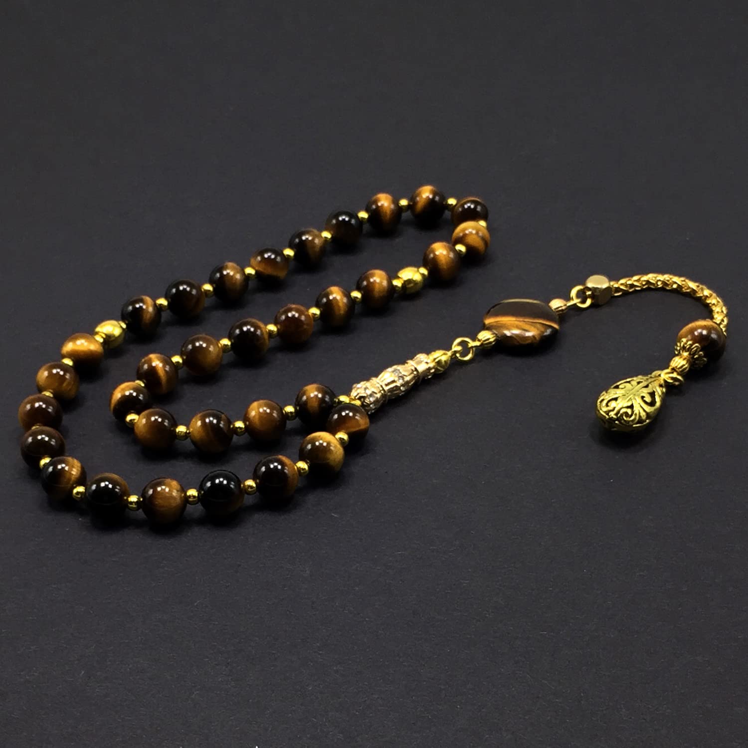 Tiger Eye Stone Worry Beads - 8mm Prayer Beads with Gold Tassel - 33 Beads Tasbih, Misbaha, Rosary for Stress Relief, Meditation & Spiritual Practice - Perfect for Anxiety Relief, Mindfulness & Gift Giving