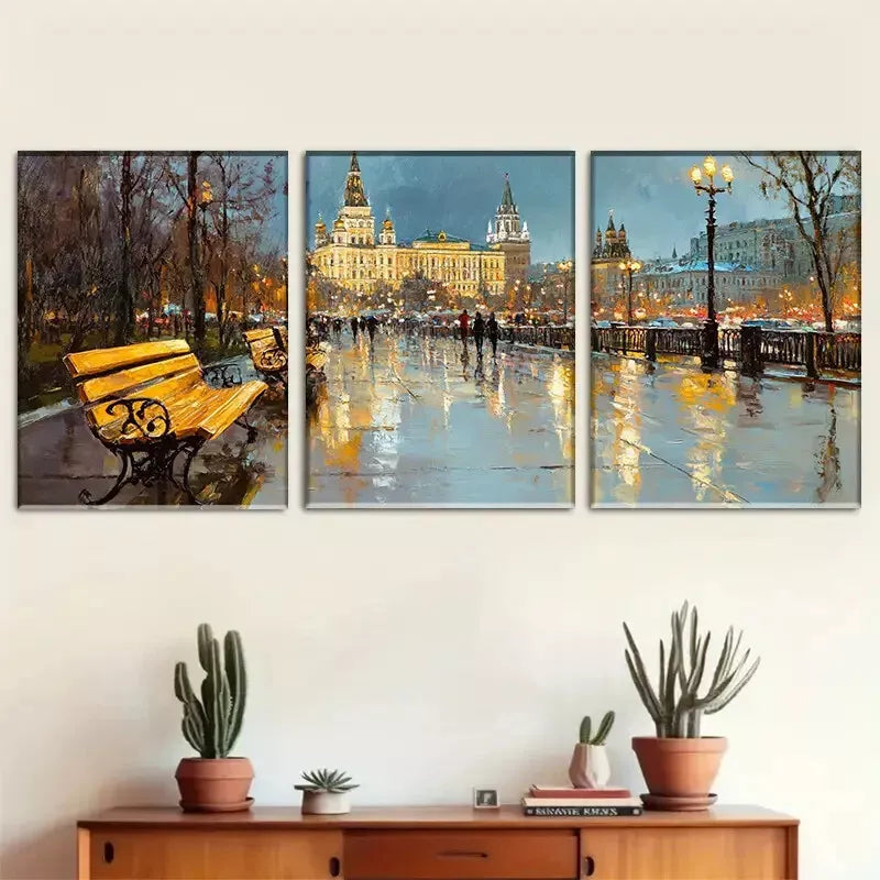 3-Piece Moscow Evening Streetscape Wrapped Wall Art Set - Framed Canvas 40x60cm (16x24in) - High Quality Print - 100% Australian Made - Ready to Hang - Perfect for Living Room, Bedroom & Office Decor