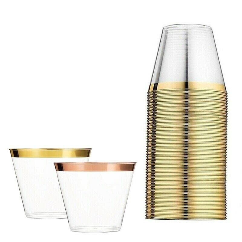 Golden Plastic Cups 9 Oz - Clear Disposable Wine Glasses for Parties, Beach Events & Adult Gatherings - Durable Drinking Cups for Cocktails, Beer & Beverages - Bulk Party Supplies for Weddings, BBQs & Celebrations
