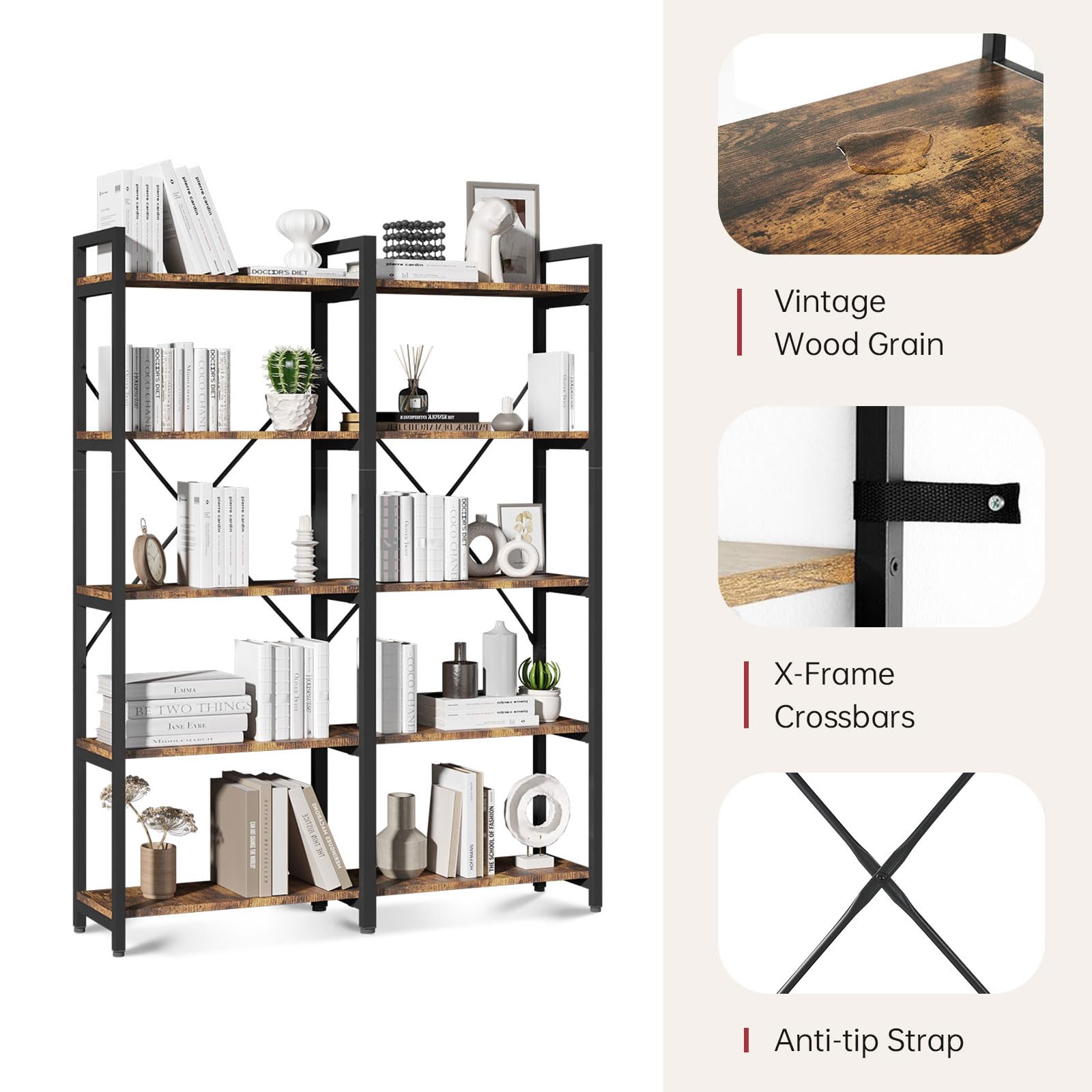 5-Tier Industrial Bookshelf - 58.7