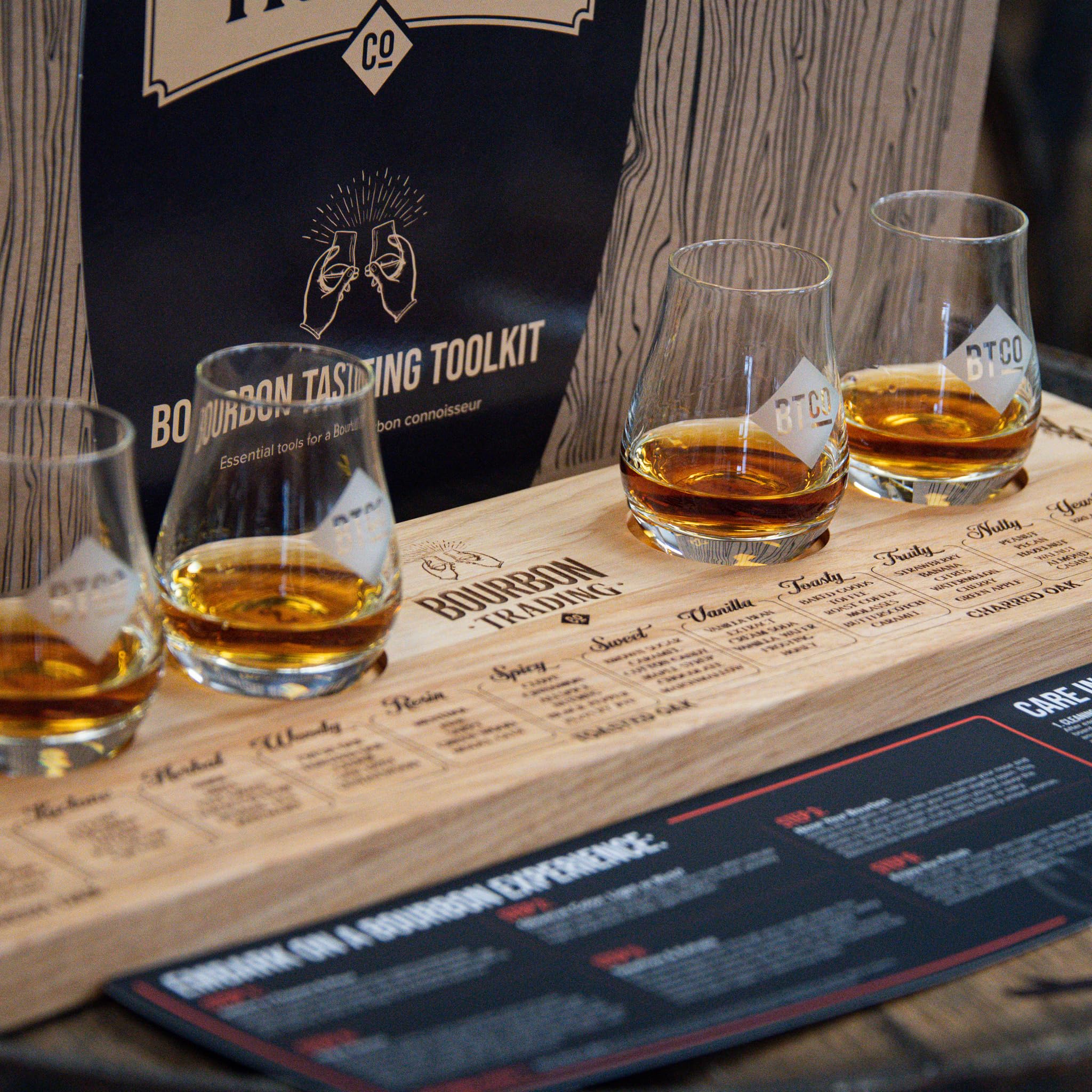 Custom Bourbon Tasting Set with Engraved Wood Flight Board & 4 Glasses - Perfect for Whiskey, Scotch & Bourbon Tasting - Ideal Gift for Men - Engraved Tasting Notes Included - Great for Home Bars, Man Caves & Whiskey Enthusiasts
