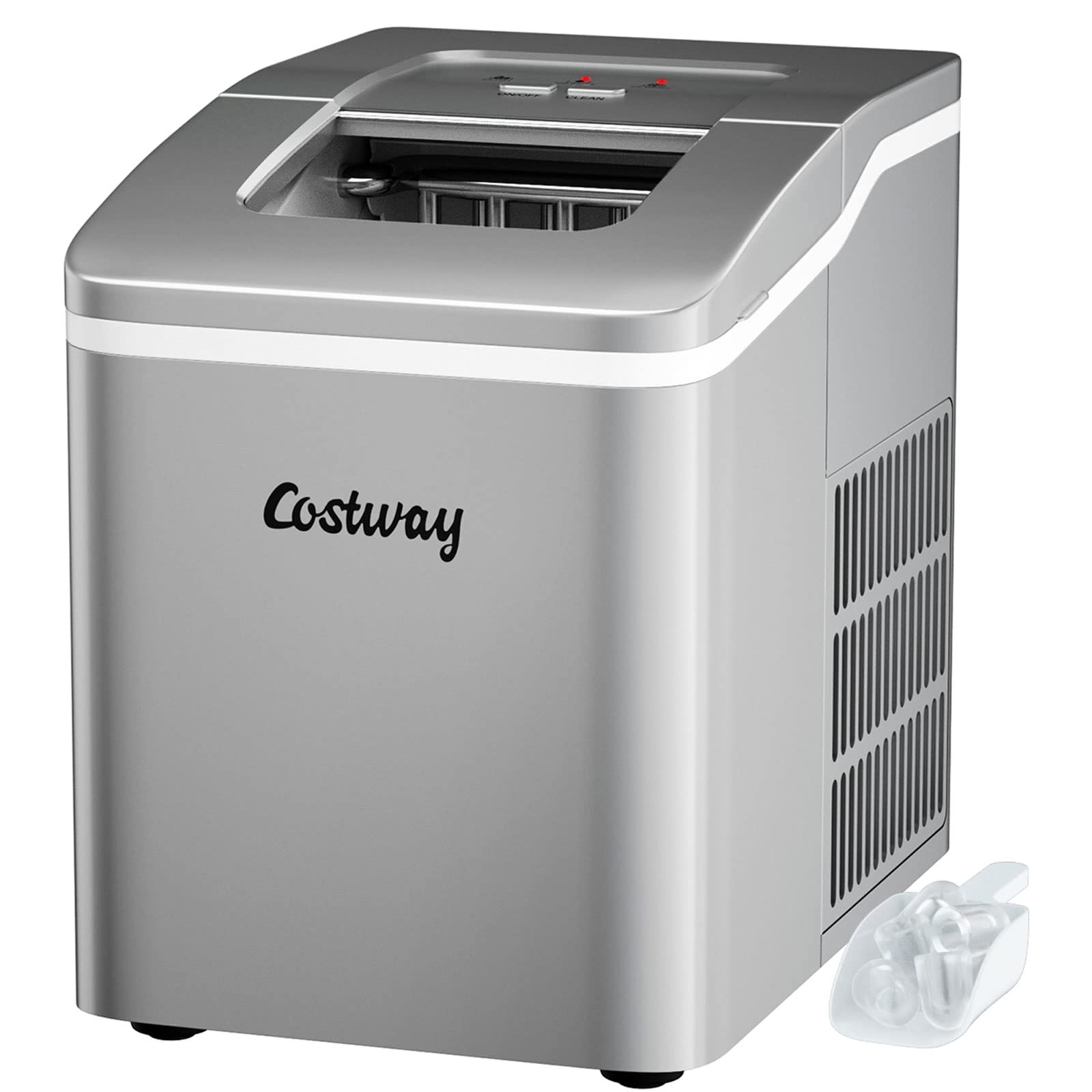 COSTWAY Portable Countertop Ice Maker Machine - 26Lbs/24H Capacity with Self-Cleaning Function, Makes Bullet Ice Cubes in 8 Minutes, Includes Scoop & Removable Basket - Perfect for Home, Office, Parties, Bars, and Outdoor Gatherings (Silver)