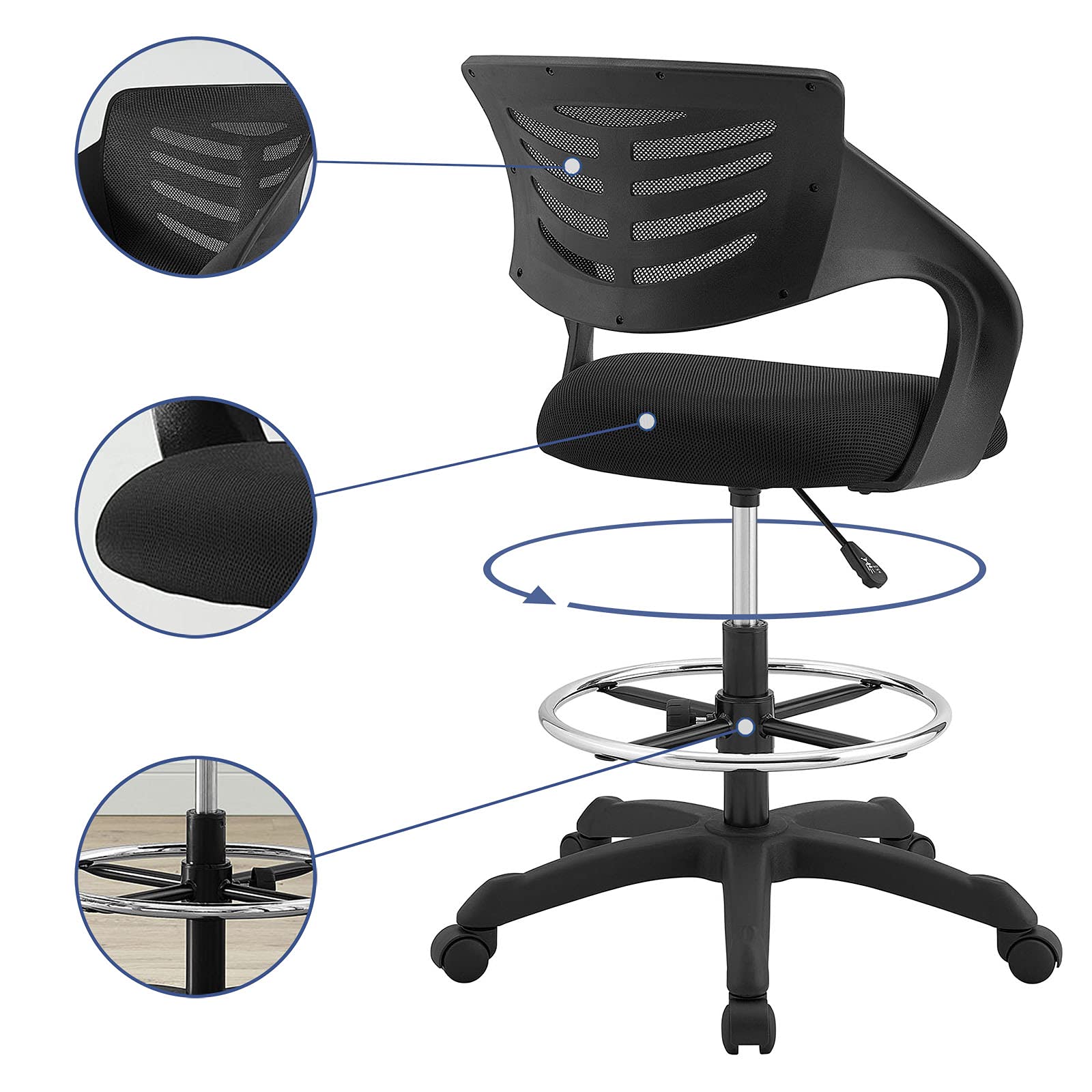 Modway Thrive Adjustable Drafting Chair - Ergonomic Tall Office Chair for Standing Desks, Black - Perfect for Architects, Artists & Home Office Workspaces
