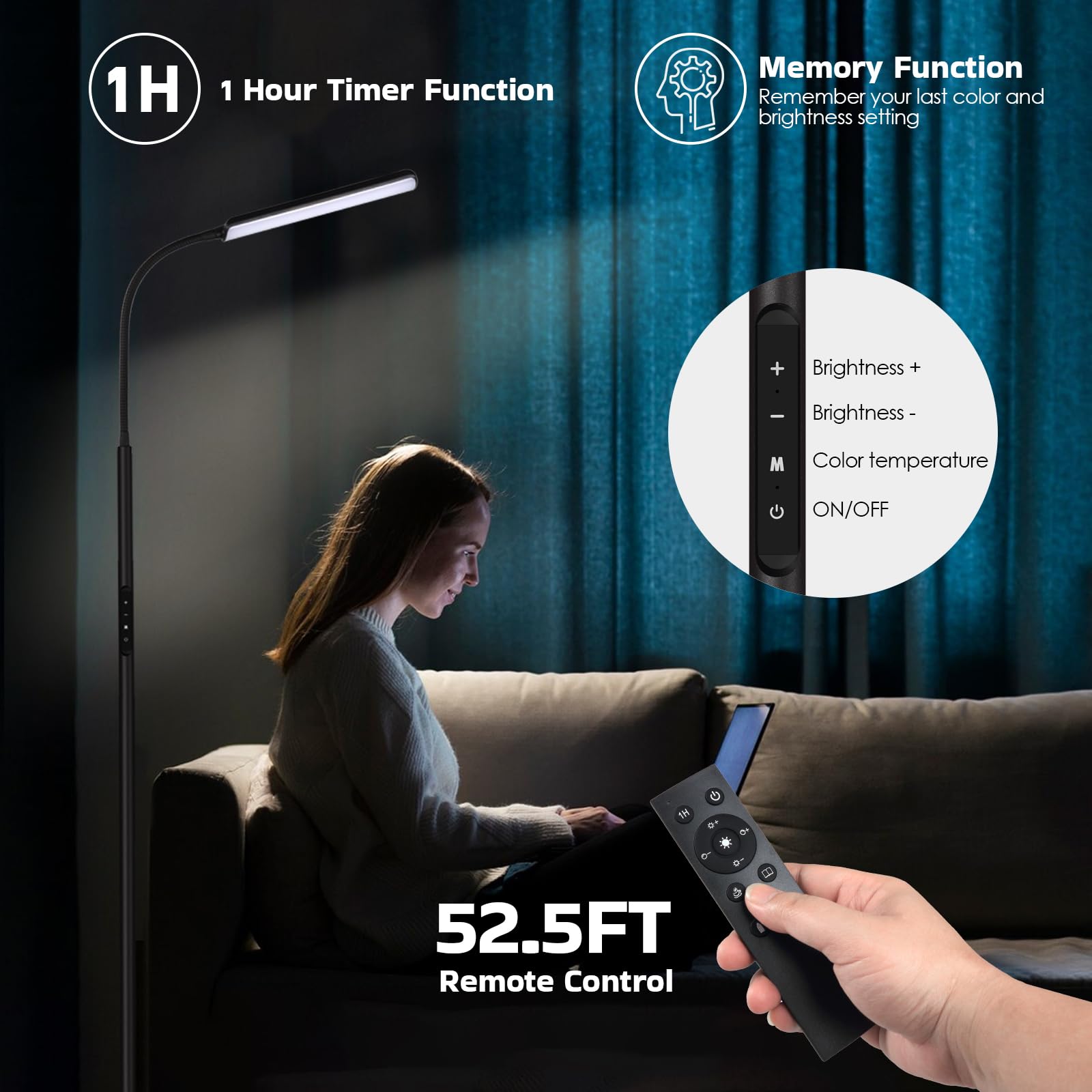 Dimunt LED Floor Lamp - 15W Bright Adjustable Standing Light with Remote & Touch Control, 3000K-6000K Color Temperature, 1H Timer - Perfect for Living Room, Bedroom & Reading Nook