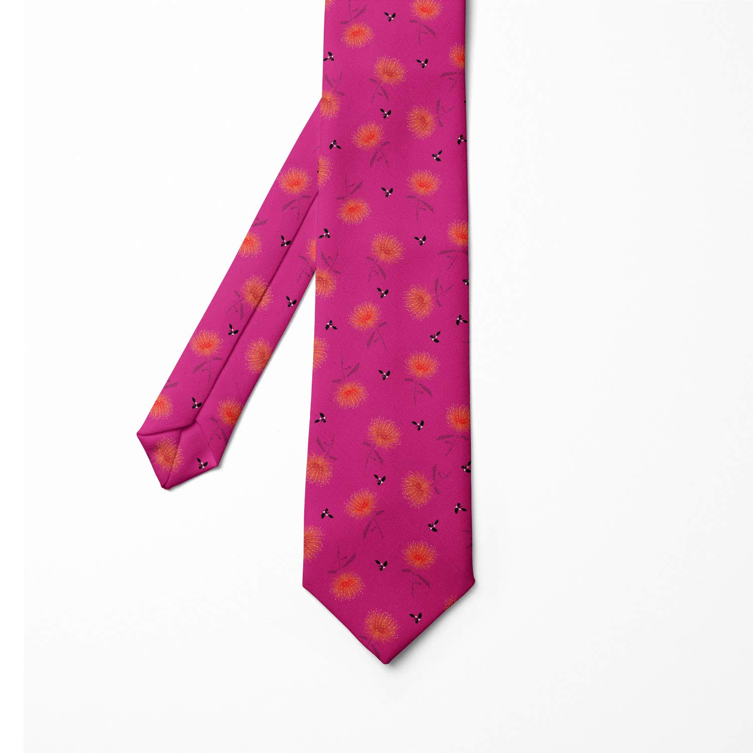 Ambesonne Spring Necktie - Powder Puff Flowers & Spring Beetles Design | 3.7 Inch Wide | Magenta Vermilion Color | Perfect for Weddings, Easter & Spring Office Wear