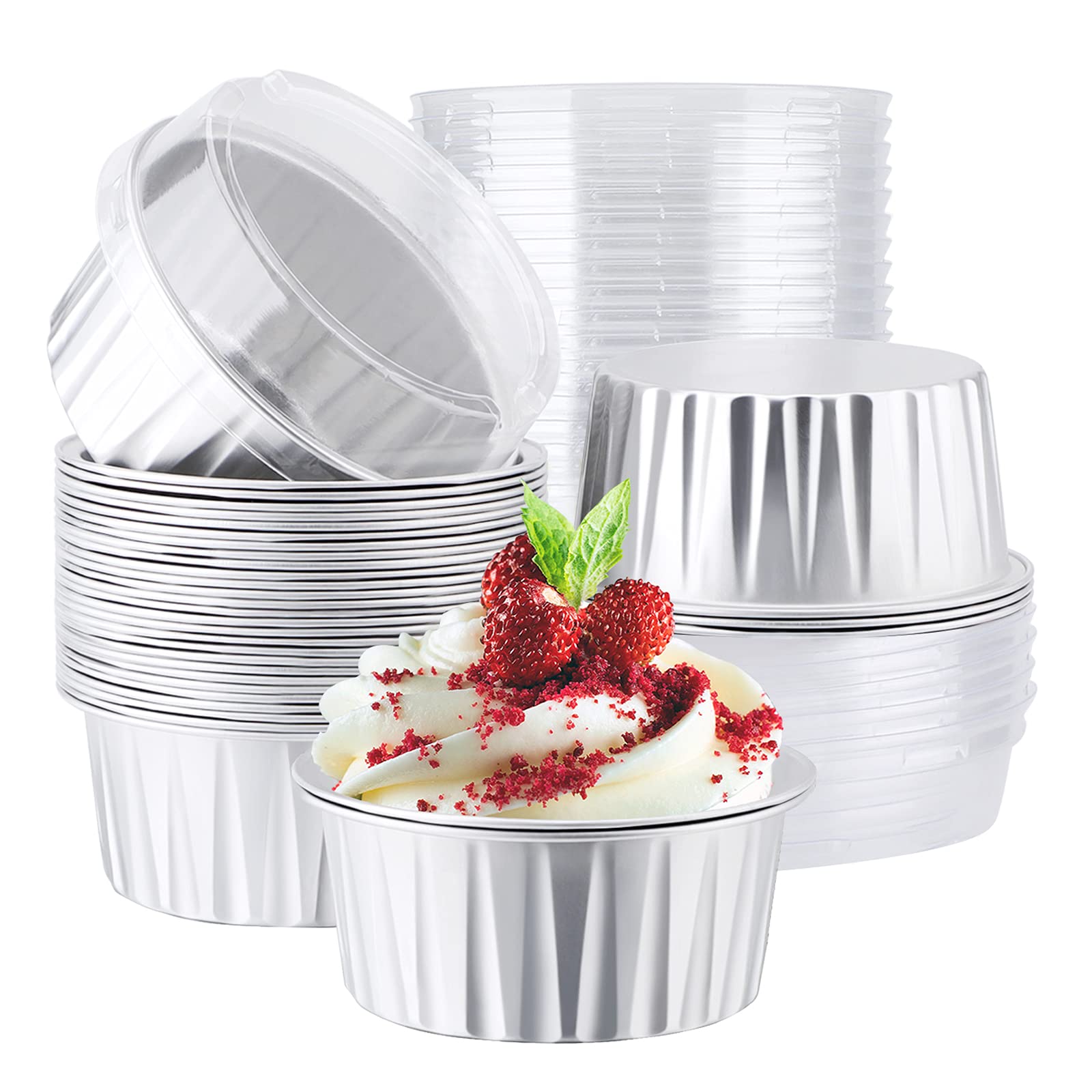 EUSOAR 30-Pack 5oz Disposable Aluminum Foil Baking Cups with Lids - Muffin Liners, Cupcake Holders & Creme Brulee Containers for Home Baking, Party Desserts & Meal Prep