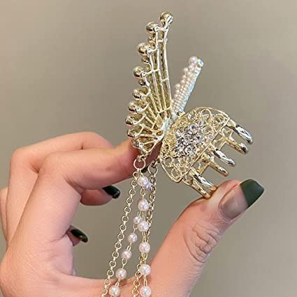 Elegant Thick Fancy Half Bun Hair Clips with Butterfly Pearl Tassel - Gold Plated Women's Hair Accessories for Parties, Weddings & Special Occasions