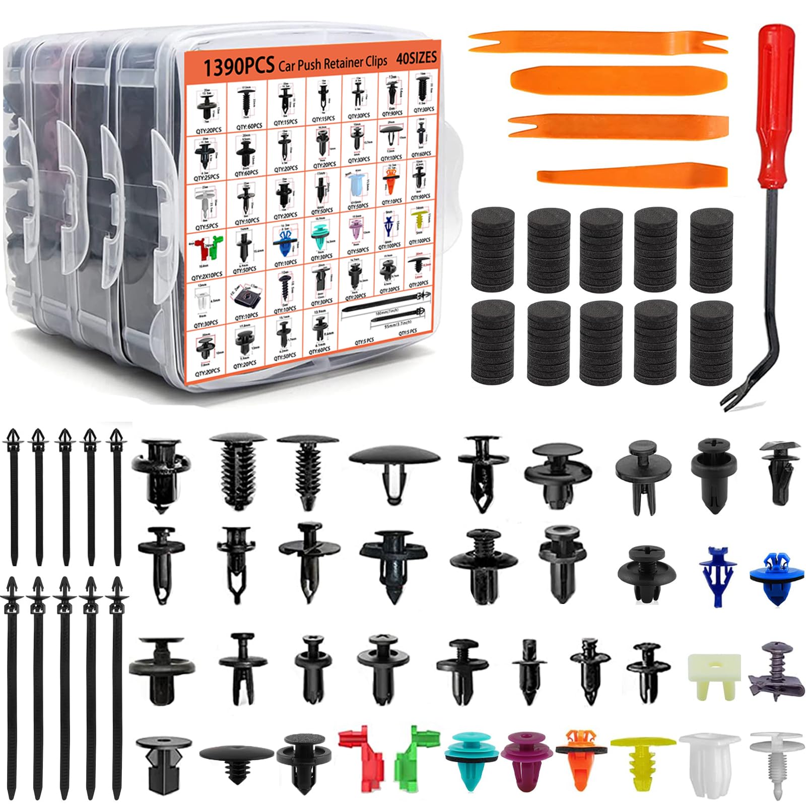 1595PCS Car Push Retainer Clips & Door Panel Trim Clamp Kit - 40 Most Popular Sizes Nylon Bumper Fender Rivets Kit with 10 Cable Ties for GM Ford Toyota Honda Chevrolet BMW Benz Audi Nissan Mazda - Perfect for Auto Body Repair, Interior Trim Fixing and DIY Car Maintenance