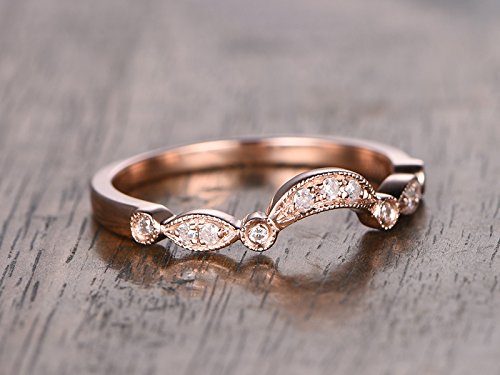 14K Rose Gold Curved Diamond Half Eternity Wedding Band - Art Deco Stackable Anniversary Ring with Milgrain Detailing | Perfect for Bridal Sets, Stacking Rings & Romantic Gifts