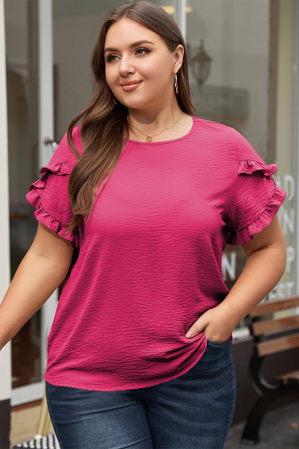 Curvy Fit Ruffled Short Sleeve Blouse for Women | Flattering Plus Size Summer Top | Perfect for Casual Outings & Date Nights