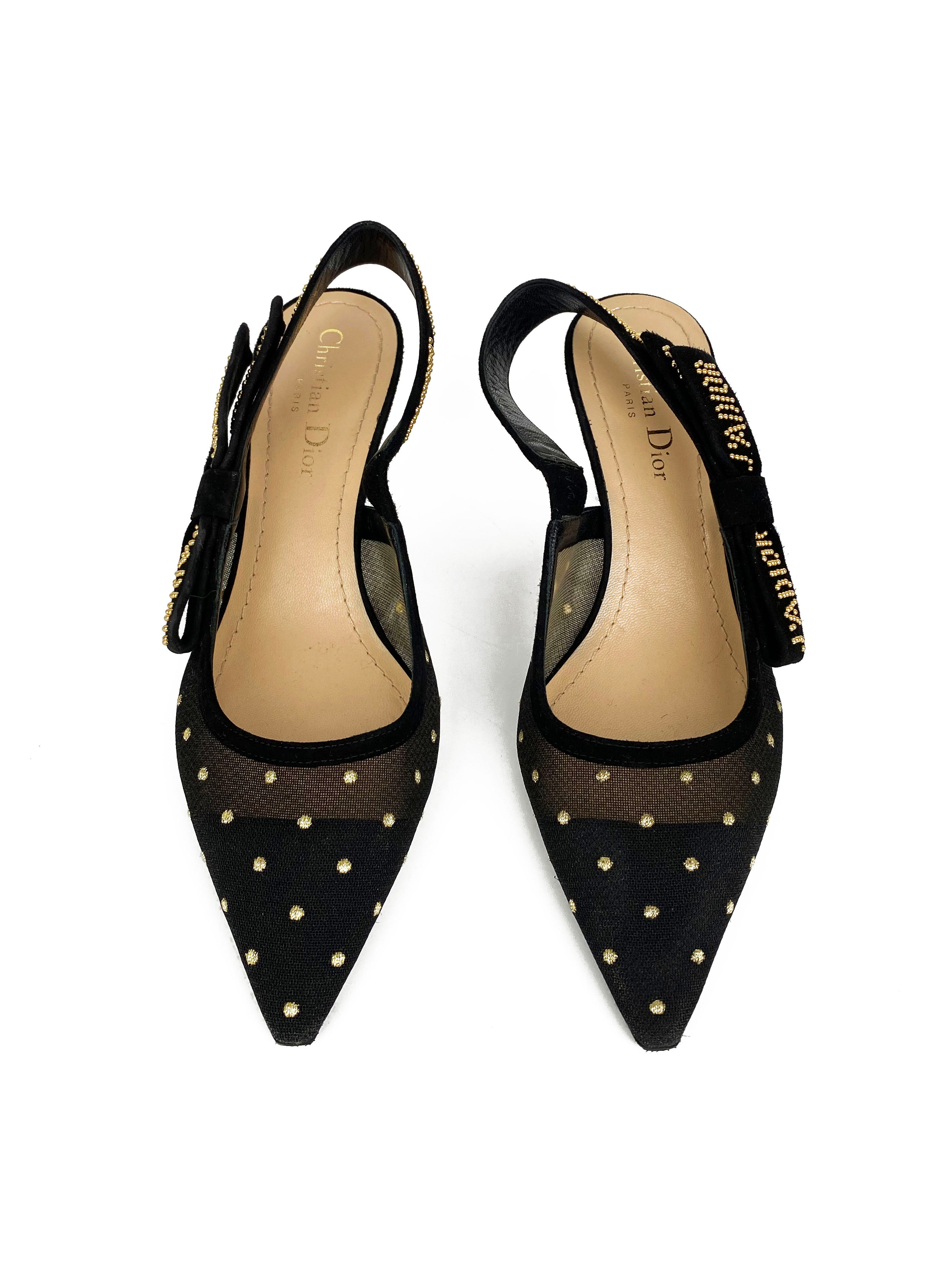 Christian Dior Black & Gold Plumetis Slingback Heels Size 37 | Luxury Women's Designer Shoes for Weddings, Parties & Special Occasions