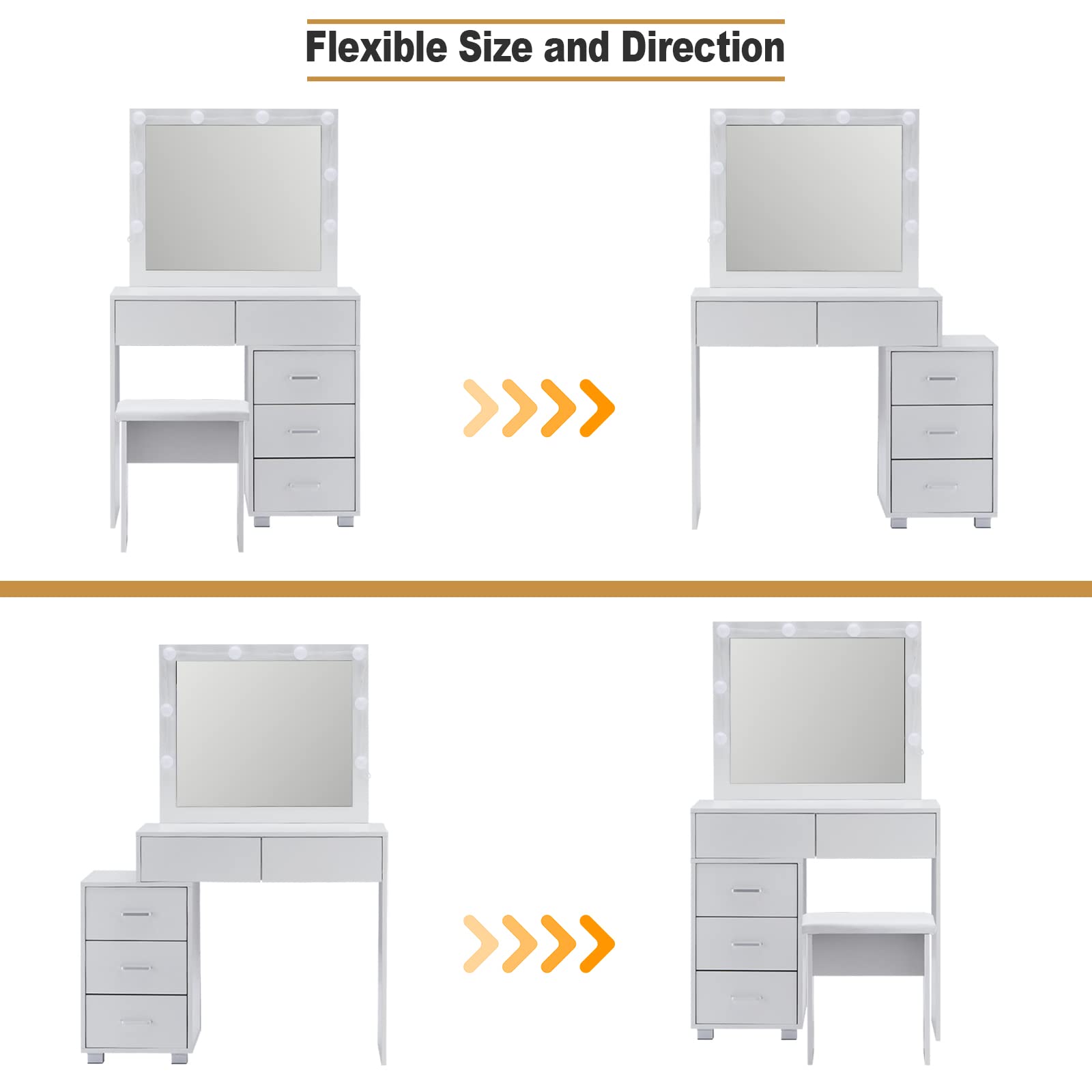 LED Vanity Mirror with Stool - 5-Drawer Makeup Desk for Bedroom