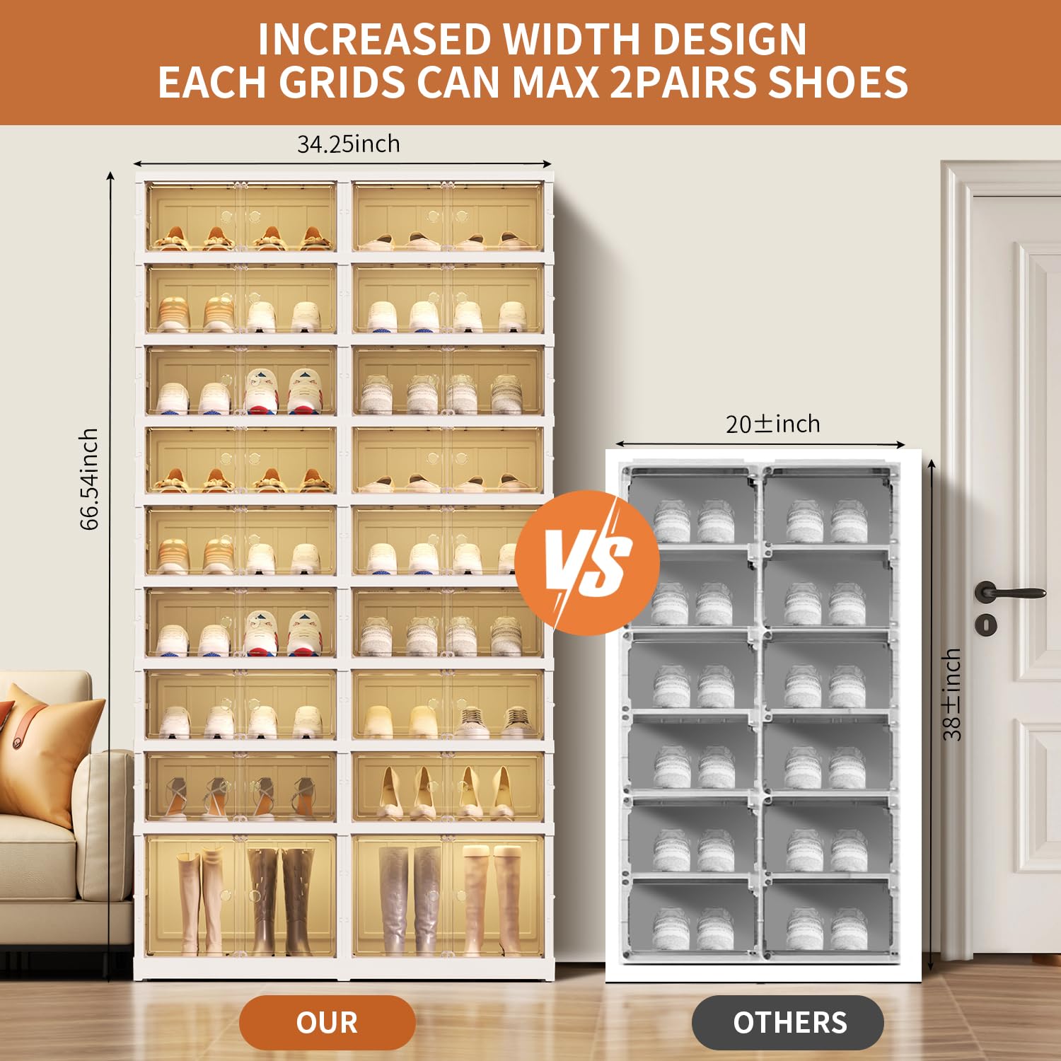 Foldable 9-Tier Shoe Rack Organizer for 18-36 Pairs - Space Saving Collapsible Clear Plastic Shoe Shelf for Closet, Entryway, or Front Door - Tall Stackable Folding Shoe Storage Cabinet - Perfect for Small Spaces, Apartments, and Dorm Rooms