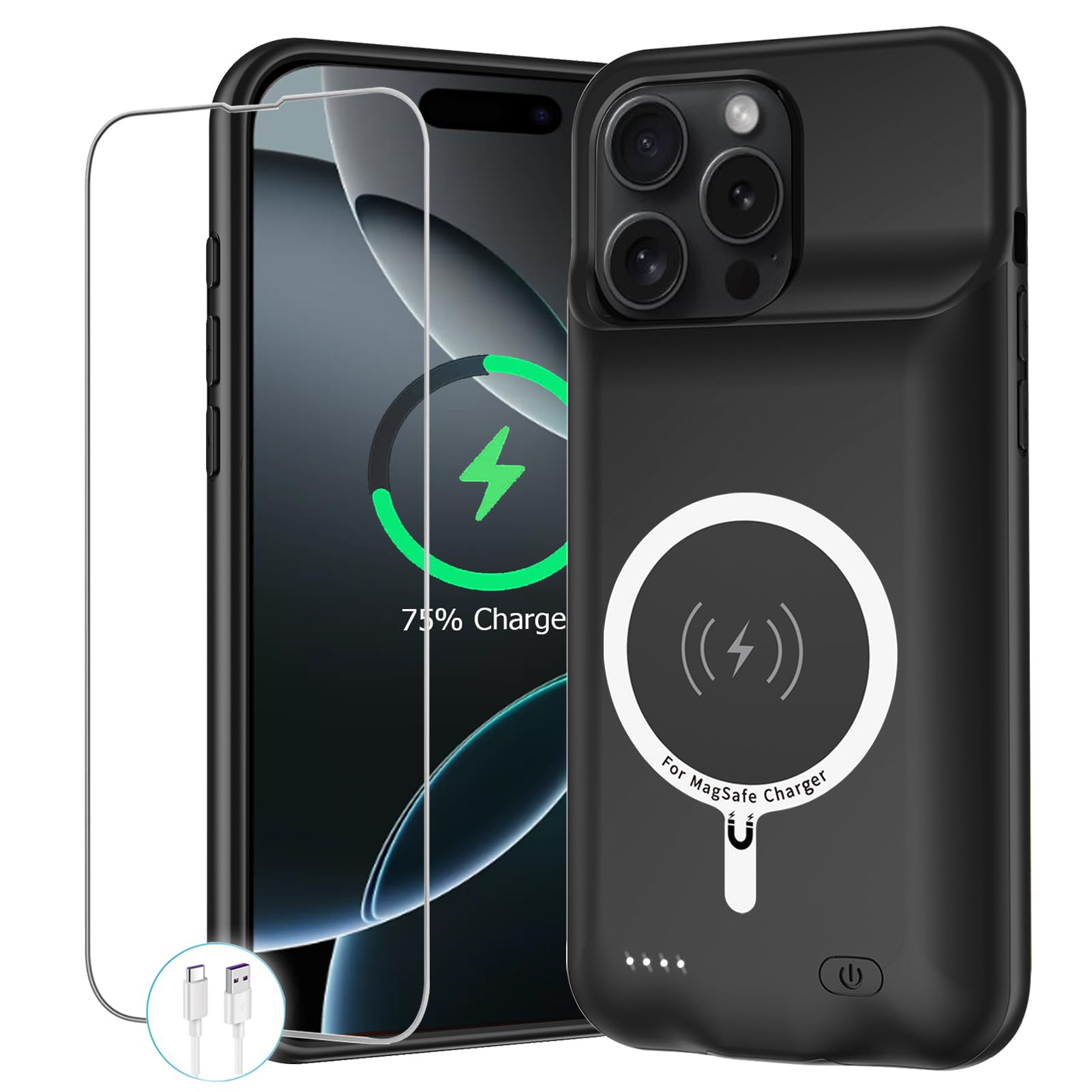 10000mAh Wireless Charging Battery Case for iPhone 16 Pro (6.3 inch) - Portable Protective Power Bank Charger with CarPlay Support | Perfect for Travel, Work & Outdoor Activities (Black)