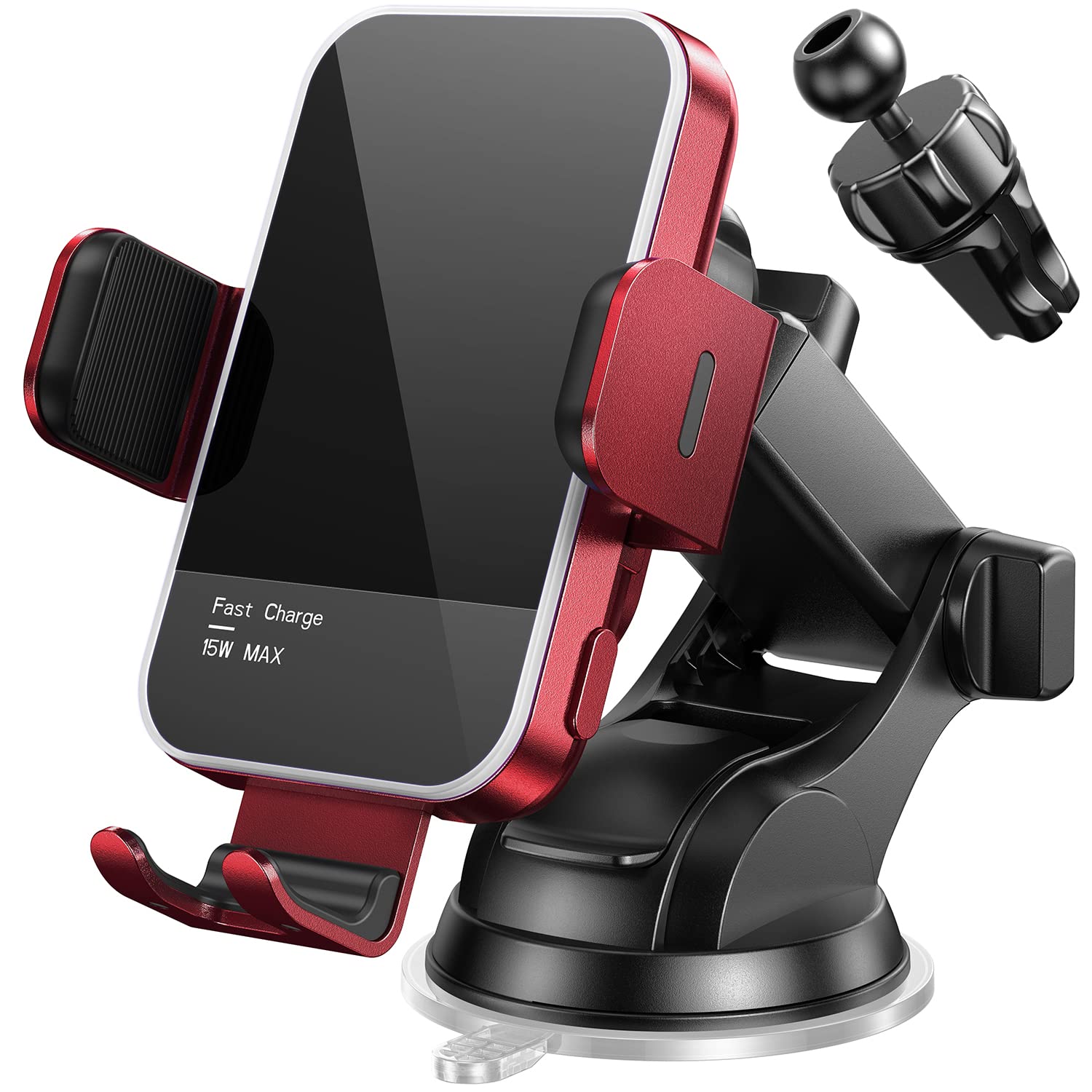15W Fast Wireless Car Charger with Auto Clamping & 7-Color LED Backlight - Compatible with iPhone 14/13/12/11/X, Samsung Galaxy S23/S22/S21/S10/Note 20 - Perfect for Hands-Free Charging While Driving (Red)