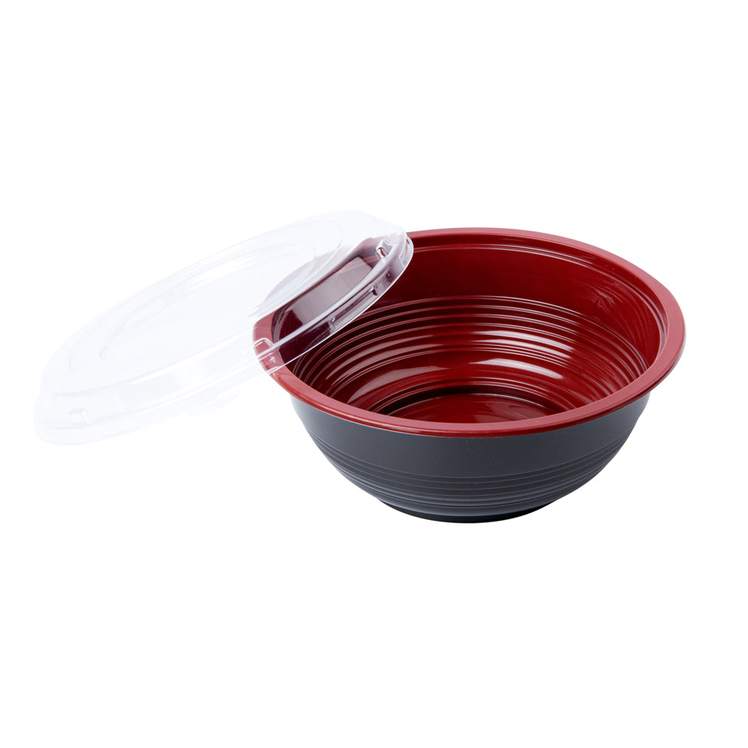 34oz Large Asian Panda Bowl with Clear Lid - Round Black & Red Plastic Microwave-Safe Food Storage Container (7.25