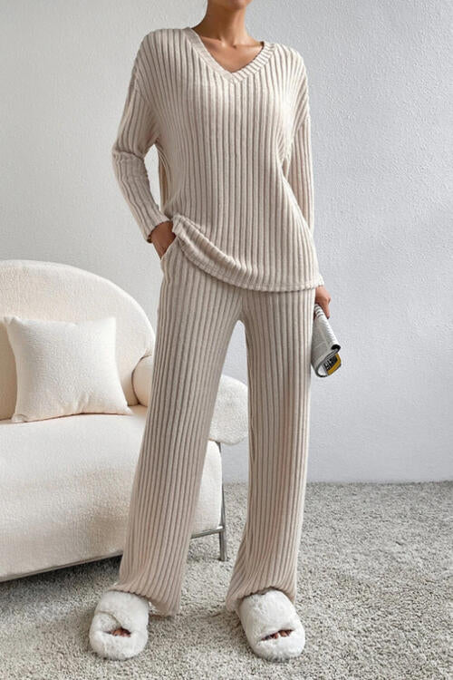 Stylish Ribbed V-Neck Top & Pants Set for Women - Comfortable Casual Outfit for Work, Date Night & Everyday Wear