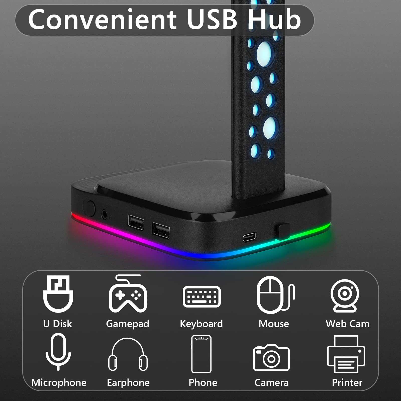 Geekria RGB ABS Headphone Stand for Over-Ear Headphones & Gaming Headsets - Heavy Base Desk Display Holder Compatible with AKG K612, HyperX Cloud II (Black) - Perfect for Gaming Setup & Office Organization