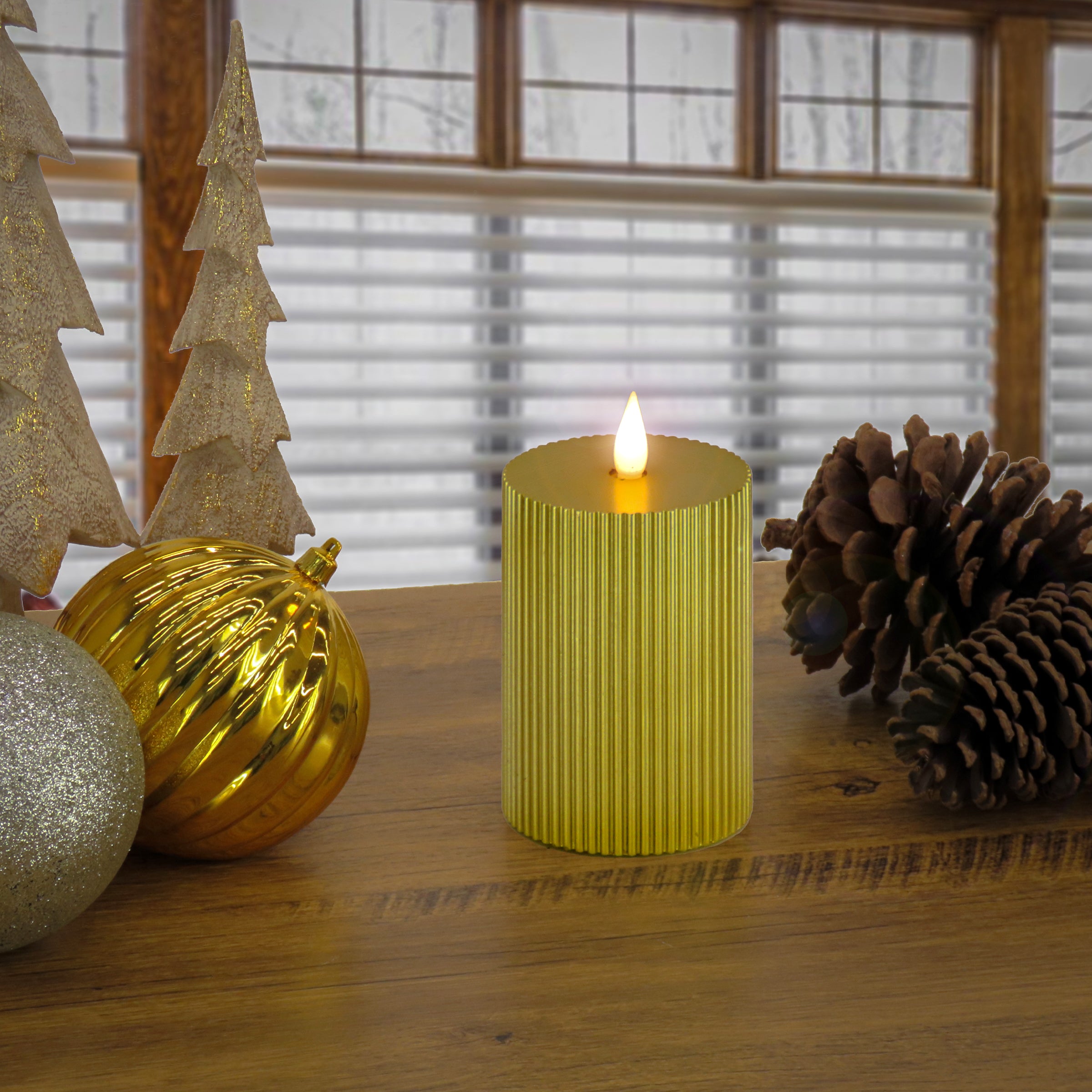HGTV Home Collection Flameless Georgetown Pillar Candle - 3x7 Inches, Gold - Elegant Home Decor for Living Room, Bedroom & Wedding Centerpieces