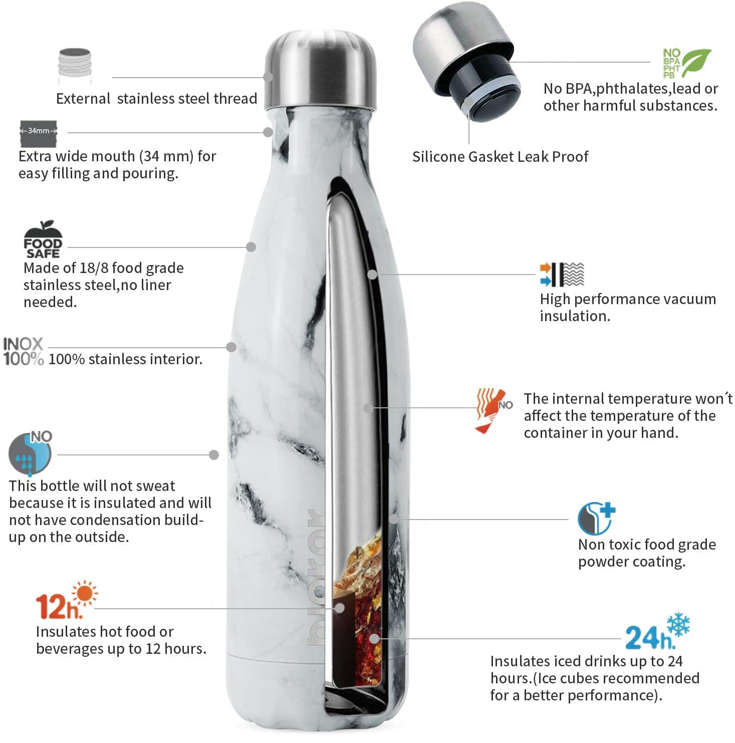 BJPKPK 17oz Insulated Stainless Steel Water Bottle - Keeps Drinks Cold for 24 Hours & Hot for 12 Hours, BPA Free, Leak Proof, Marble Design - Perfect for Gym, Hiking, Camping & Outdoor Activities