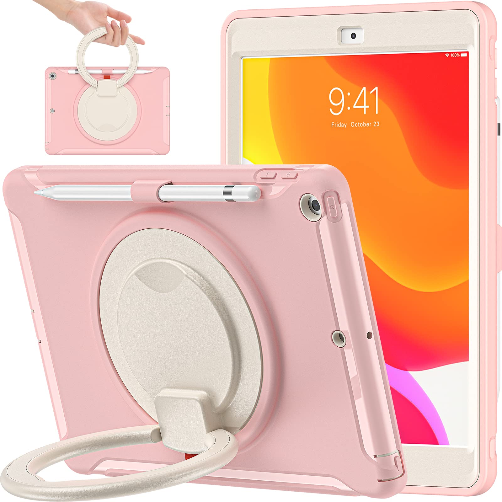 BATYUE iPad 9th/8th/7th Generation Case (10.2 inch 2021/2020/2019 Model) - Shockproof Rotating Stand Cover with Built-in Screen Protector, Apple Pencil Holder & Cap Storage - Perfect for Work, School & Travel (Cherry Pink)