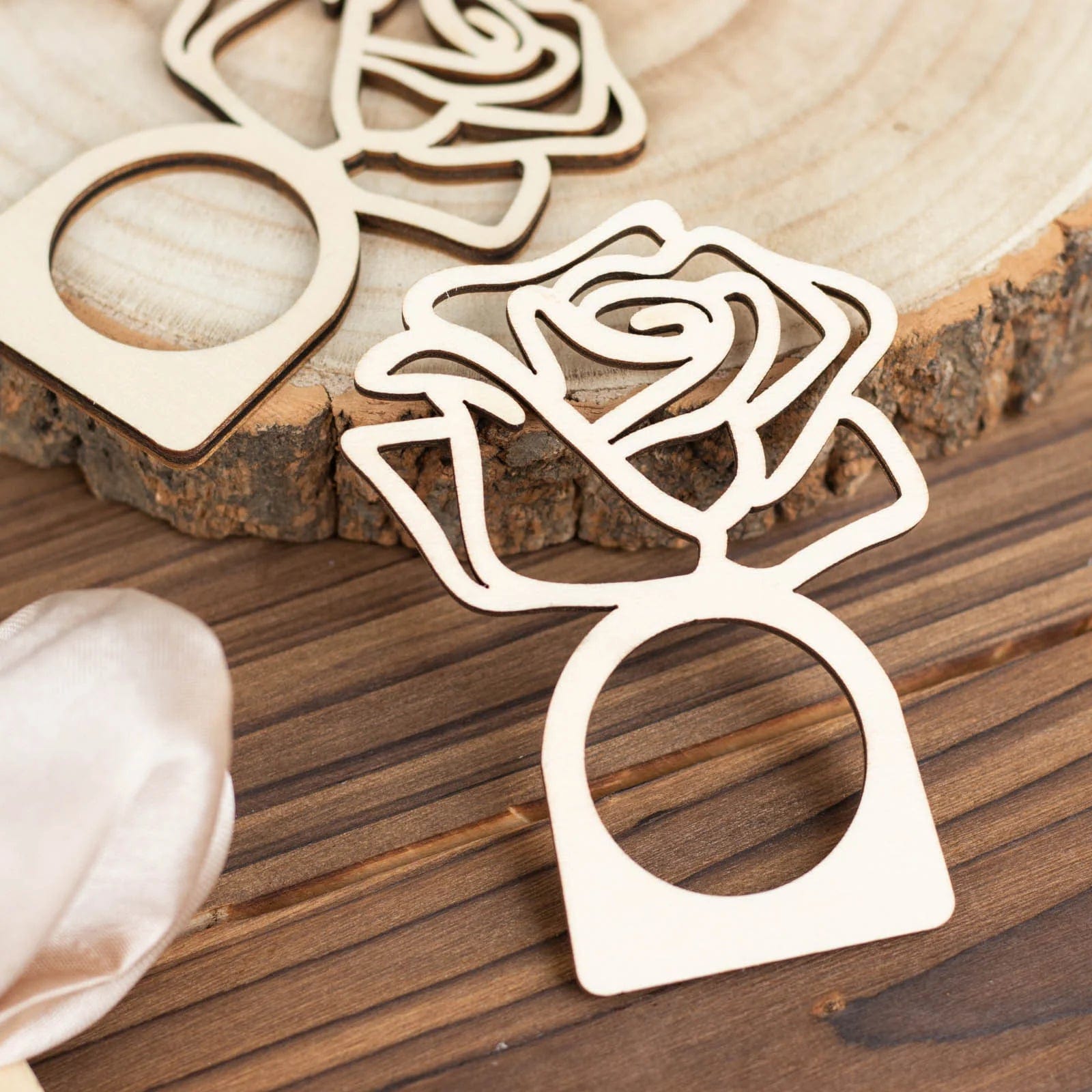 10 Pack Laser Cut Rose Design Wooden Napkin Rings - Natural Wood for Wedding, Party & Holiday Table Decor