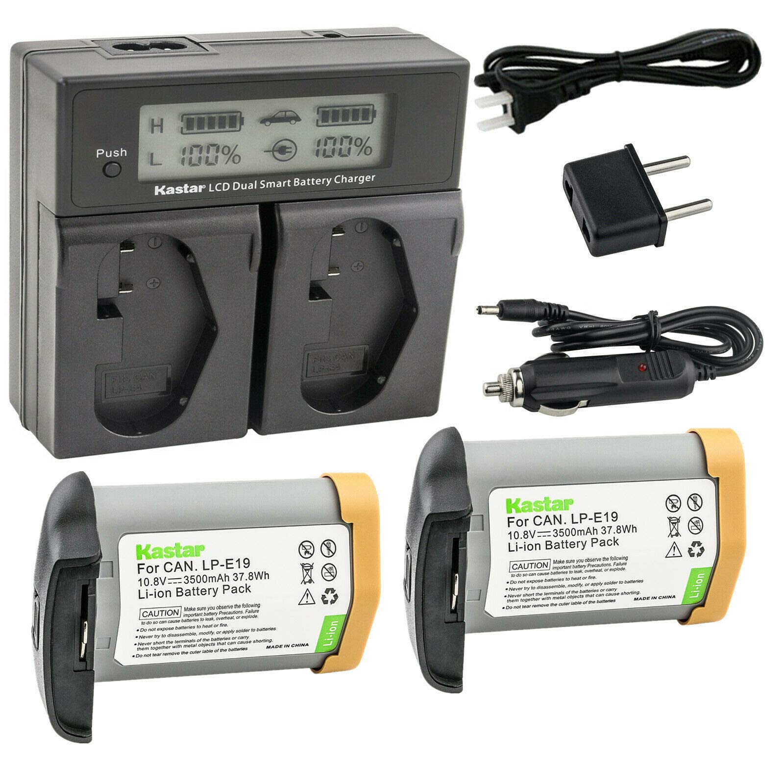 Kastar 2 Pack LP-E19 Battery & LCD Dual Fast Charger Replacement for Canon EOS 1D C, 1D Mark III/IV, 1Ds Mark III, 1D X - Compatible with Professional Photography & Video Shooting