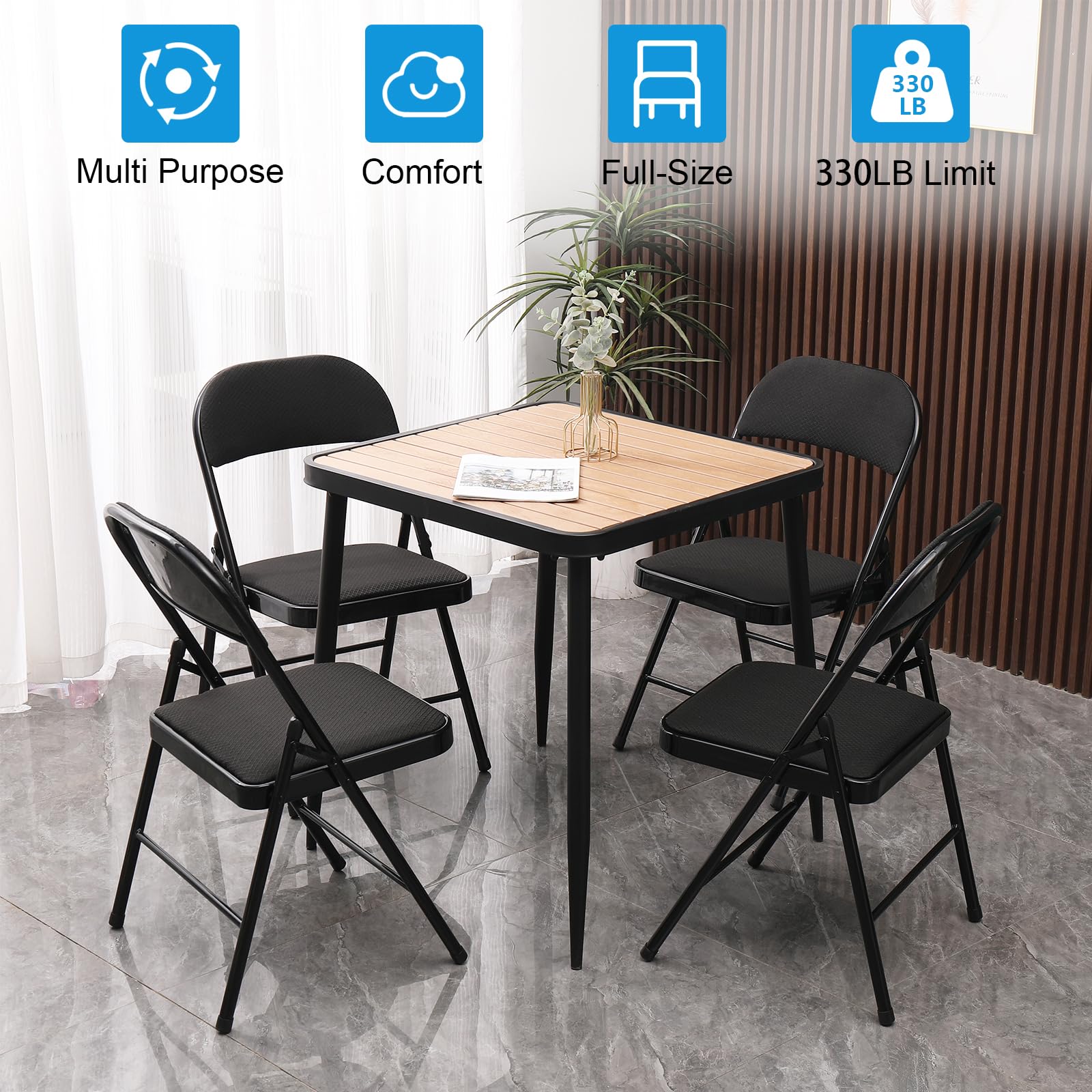 4 Pack Black Fabric Padded Folding Chairs with Cushion - Heavy Duty Steel Frame Event Chairs (450lb Capacity) for Office, Wedding, Party, Banquet & Outdoor Gatherings - Set of 4