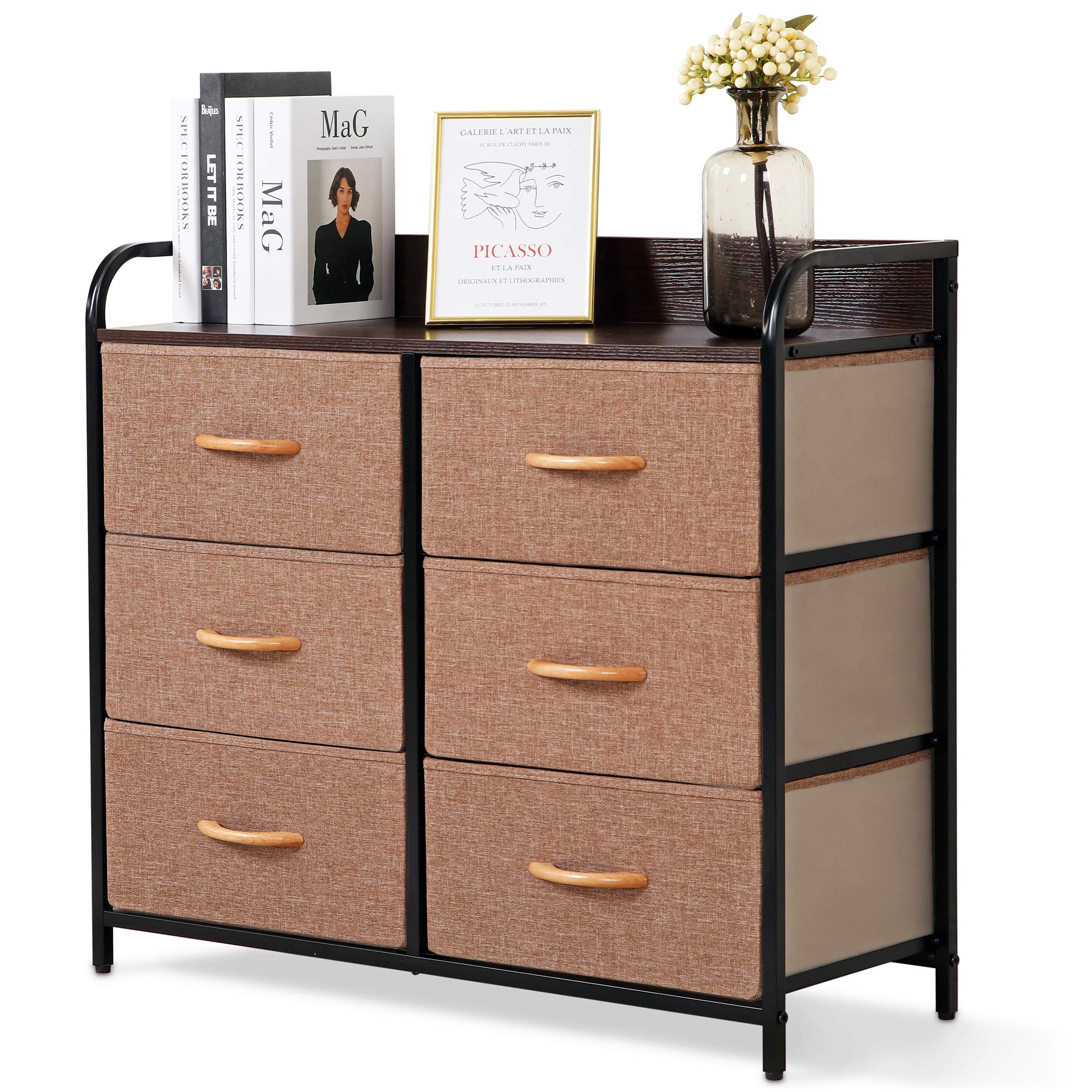 Bigroof 6-Drawer Dresser with Steel Frame & Wood Top - Fabric Storage Organizer for Bedroom, Bathroom, Nursery - Holds Clothes, Blankets, Toys (Brown Beige) - Perfect for Small Spaces & Closet Organization