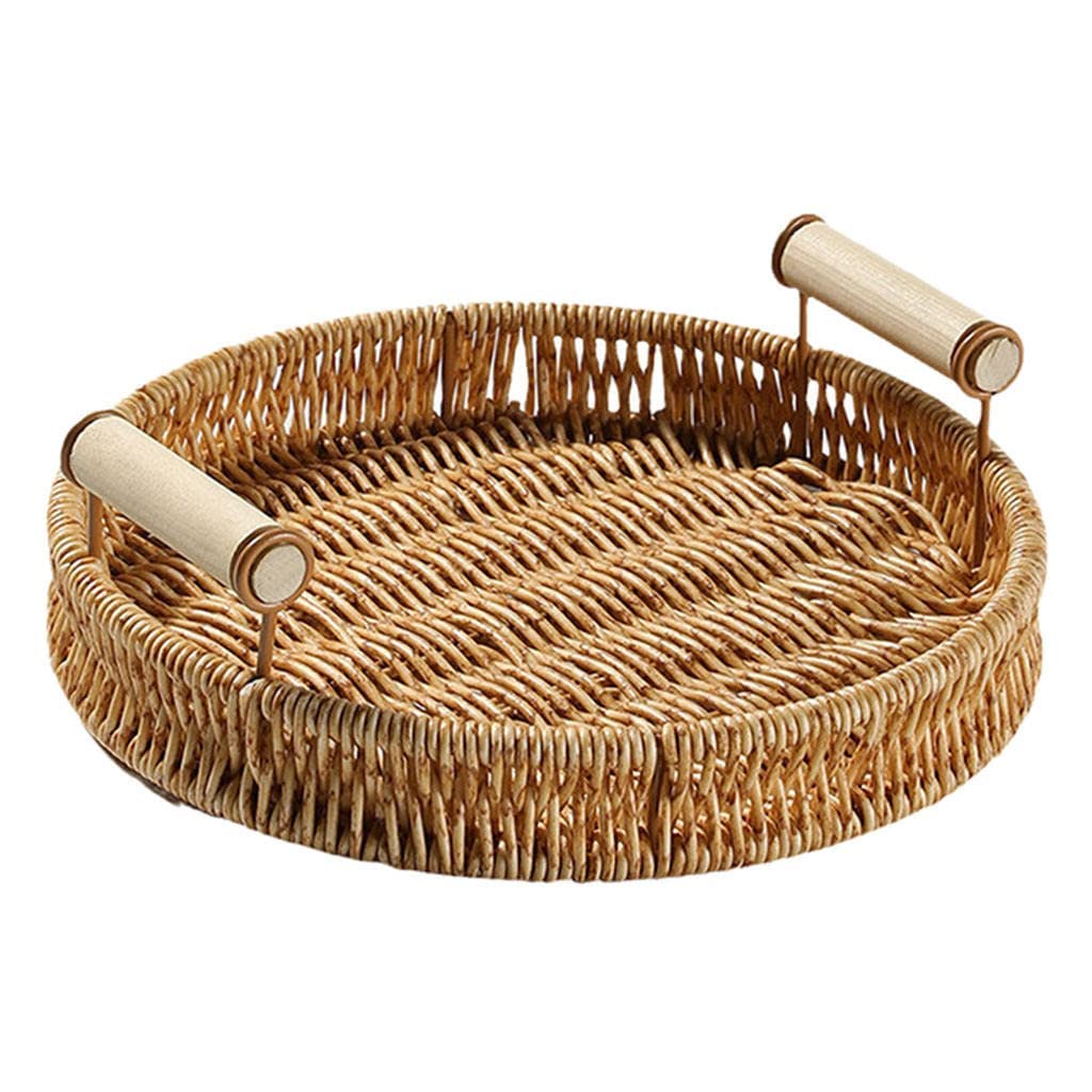 Hand-Woven Wicker Rattan Serving Tray with Handles - 24cm Round Storage Basket for Bread, Fruits, Snacks & Breakfast - Perfect for Kitchen Organization, Dining Table Decor & Picnic Serving