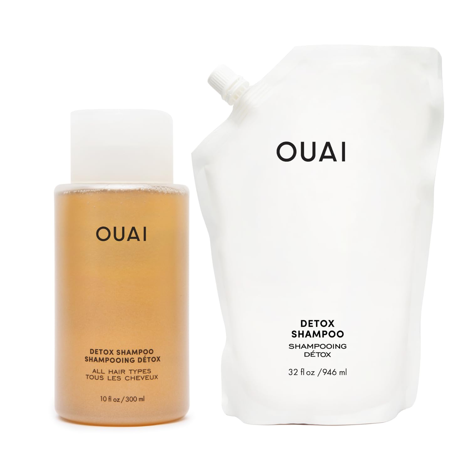 OUAI Detox & Clarifying Shampoo with Apple Cider Vinegar & Keratin - Sulfate Free Hair Care for Build Up, Oil, Product & Hard Water - 10oz + 32oz Refill Bundle (2 Count) - Perfect for Deep Cleansing & Refreshing Hair at Home or Salon