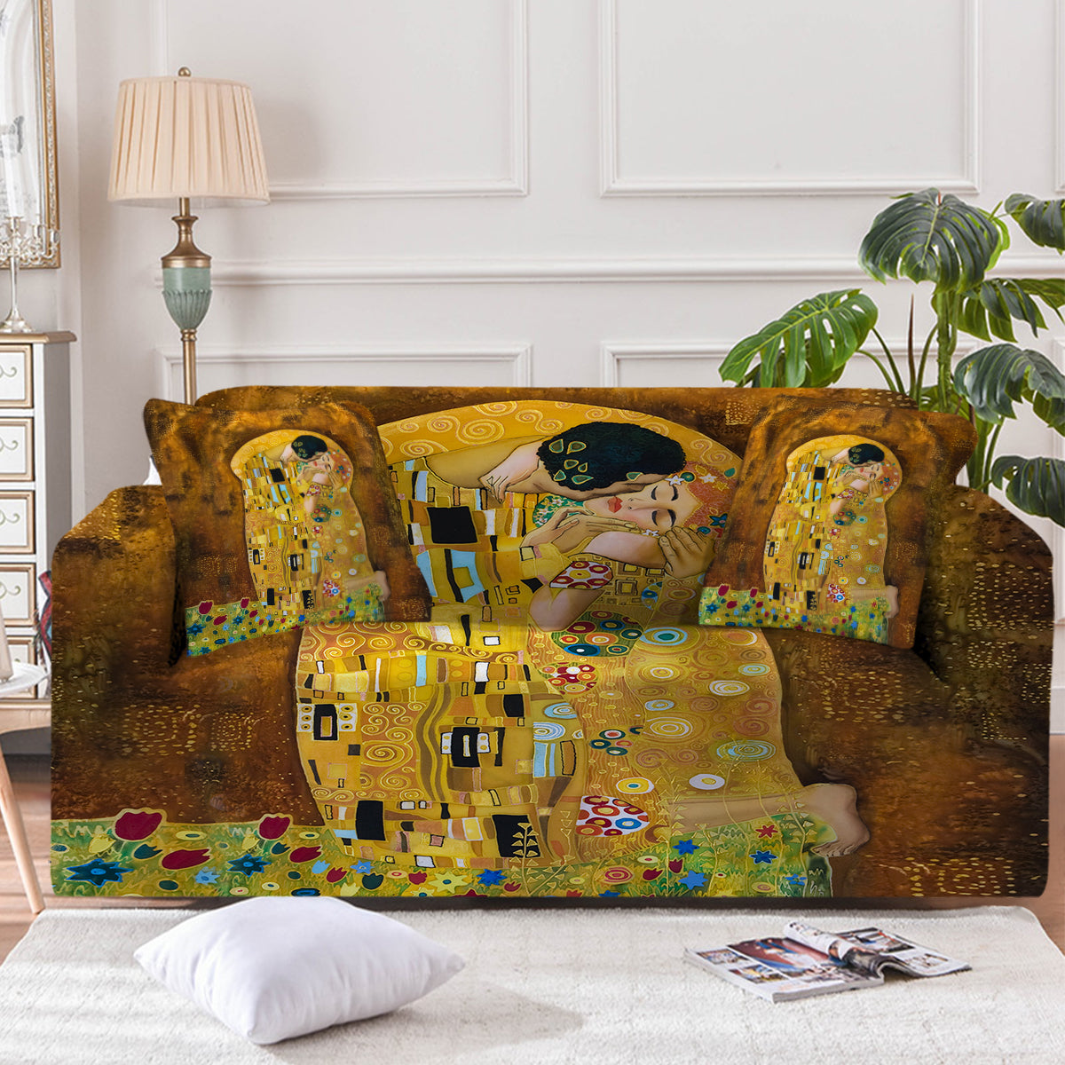 Gustav Klimt The Kiss Couch Cover - Luxury Bohemian Sofa Slipcover for Living Room Decor | Perfect for Home, Apartment & Office Furniture Protection