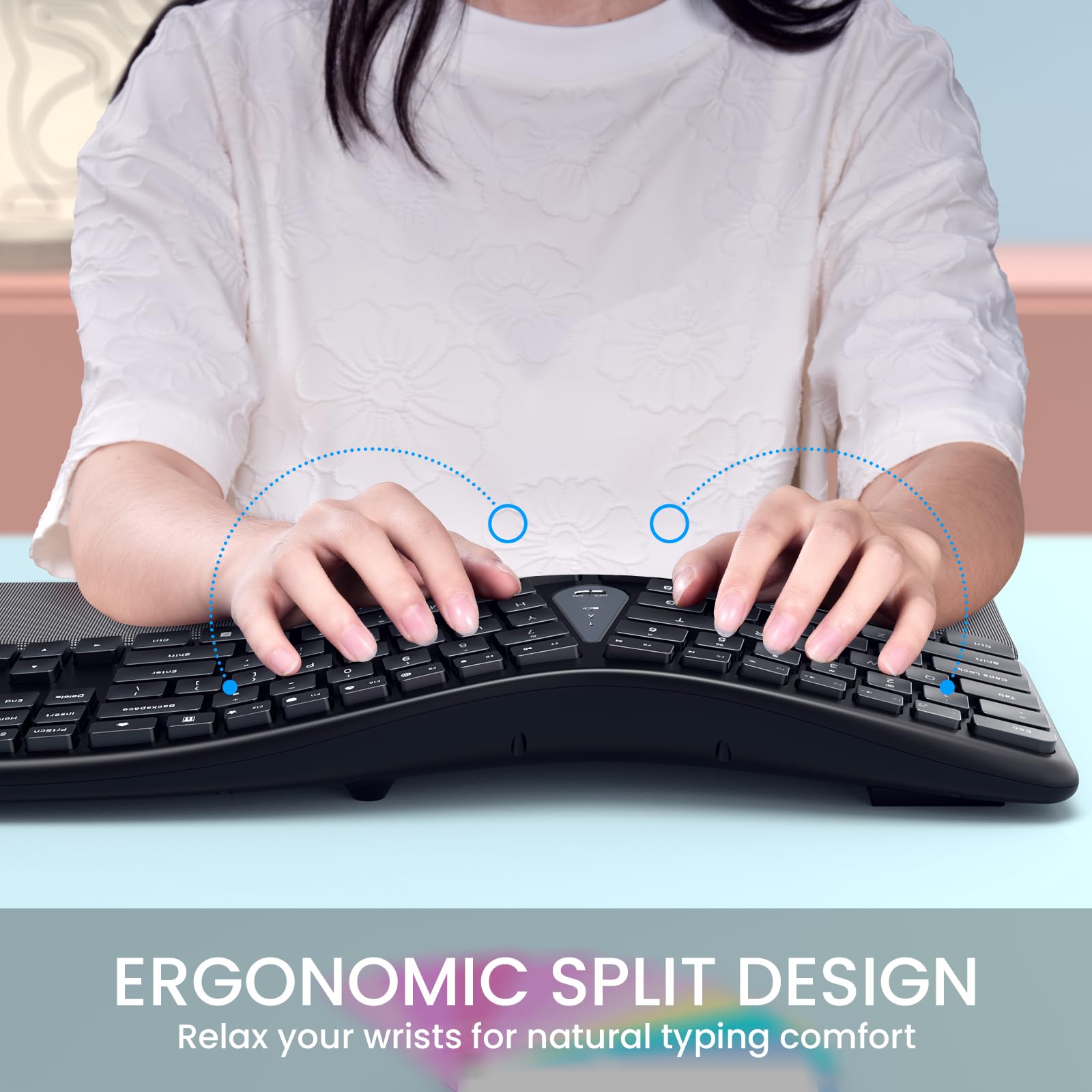 Wireless Ergonomic Split Keyboard with Wrist Rest & Cleaning Brush - 2.4G Comfortable Computer Keyboard for Windows PC & Laptops - Perfect for Office Work, Gaming & Long Typing Sessions