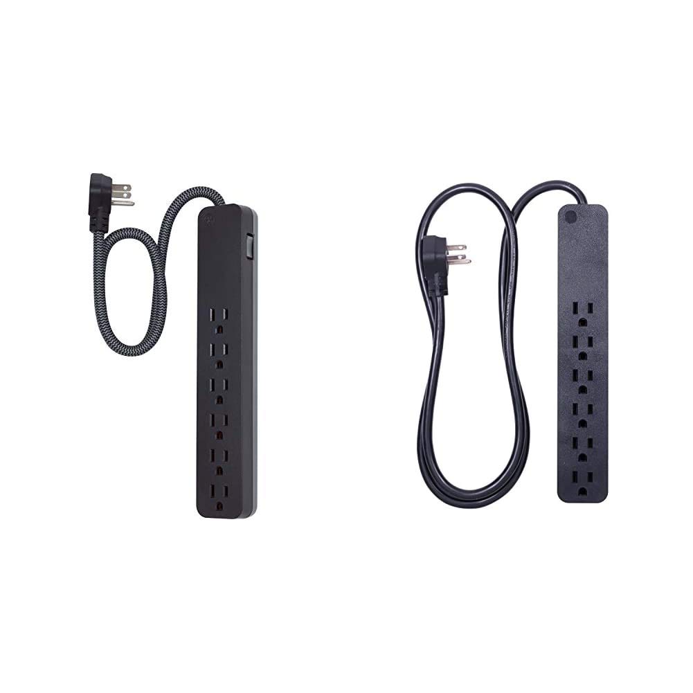 GE UltraPro 6-Outlet Surge Protector with 2FT Braided Extension Cord - Flat Plug Wall Mount Power Strip for Home Office & Entertainment Center - Black