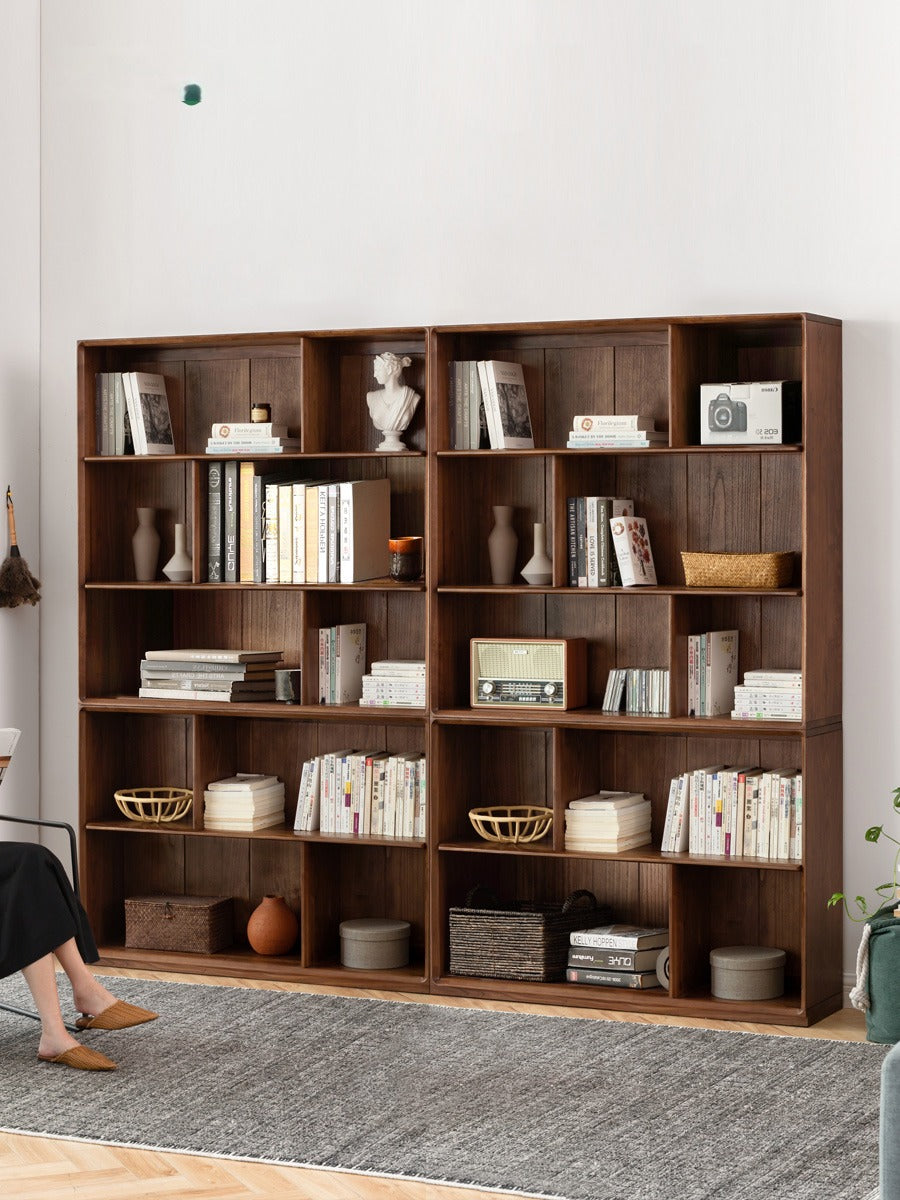 Solid Black Walnut Wood Floor Standing Low Bookcase - Modern Bookshelf with Storage for Living Room, Office & Study | Durable Wooden Shelf for Home Decor & Organization