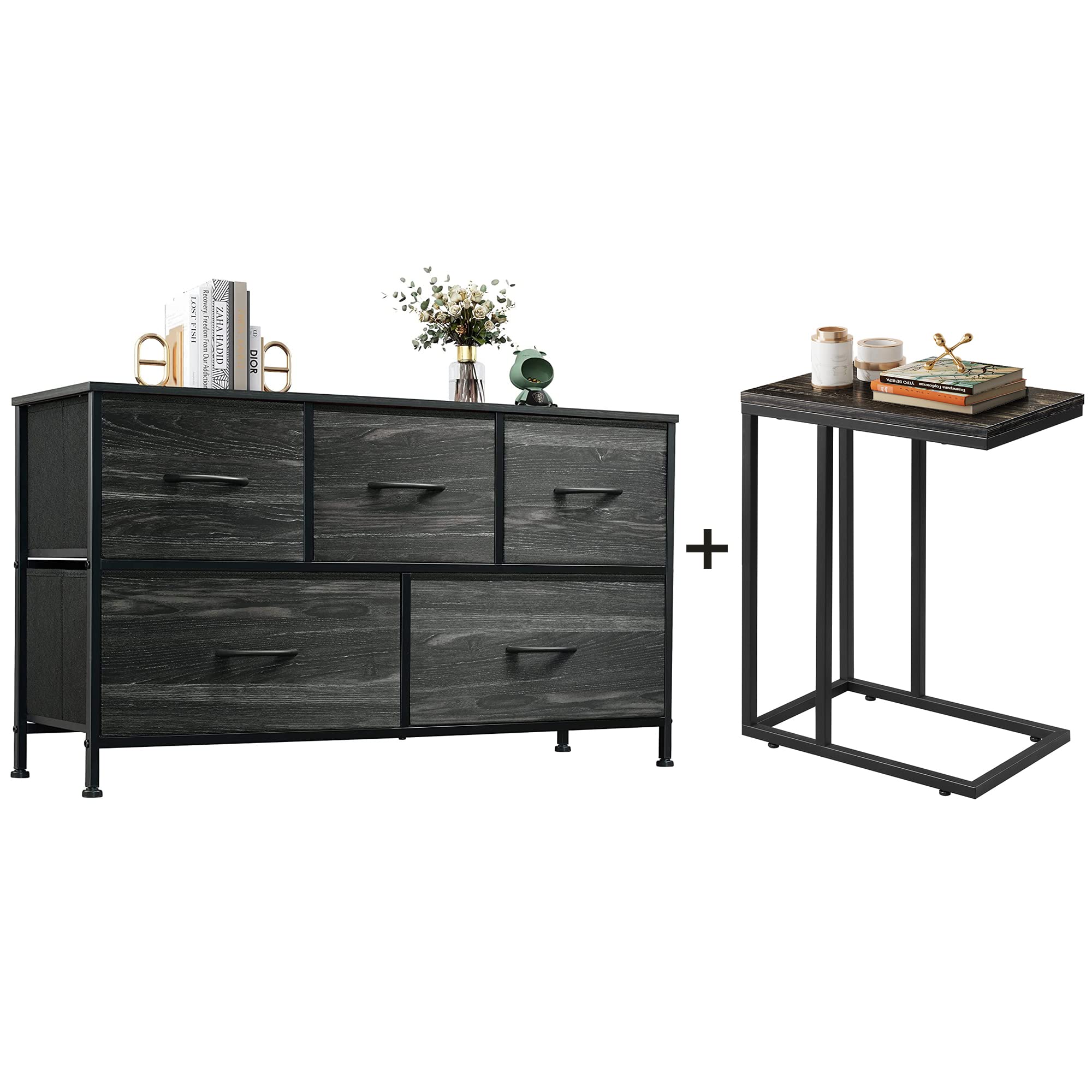 WLIVE 5-Drawer Dresser with C-Shaped Side Table Set - Gray Oak Finish, Modern Bedroom Furniture for Storage & Organization | Perfect for Small Spaces, Apartments & Dorm Rooms