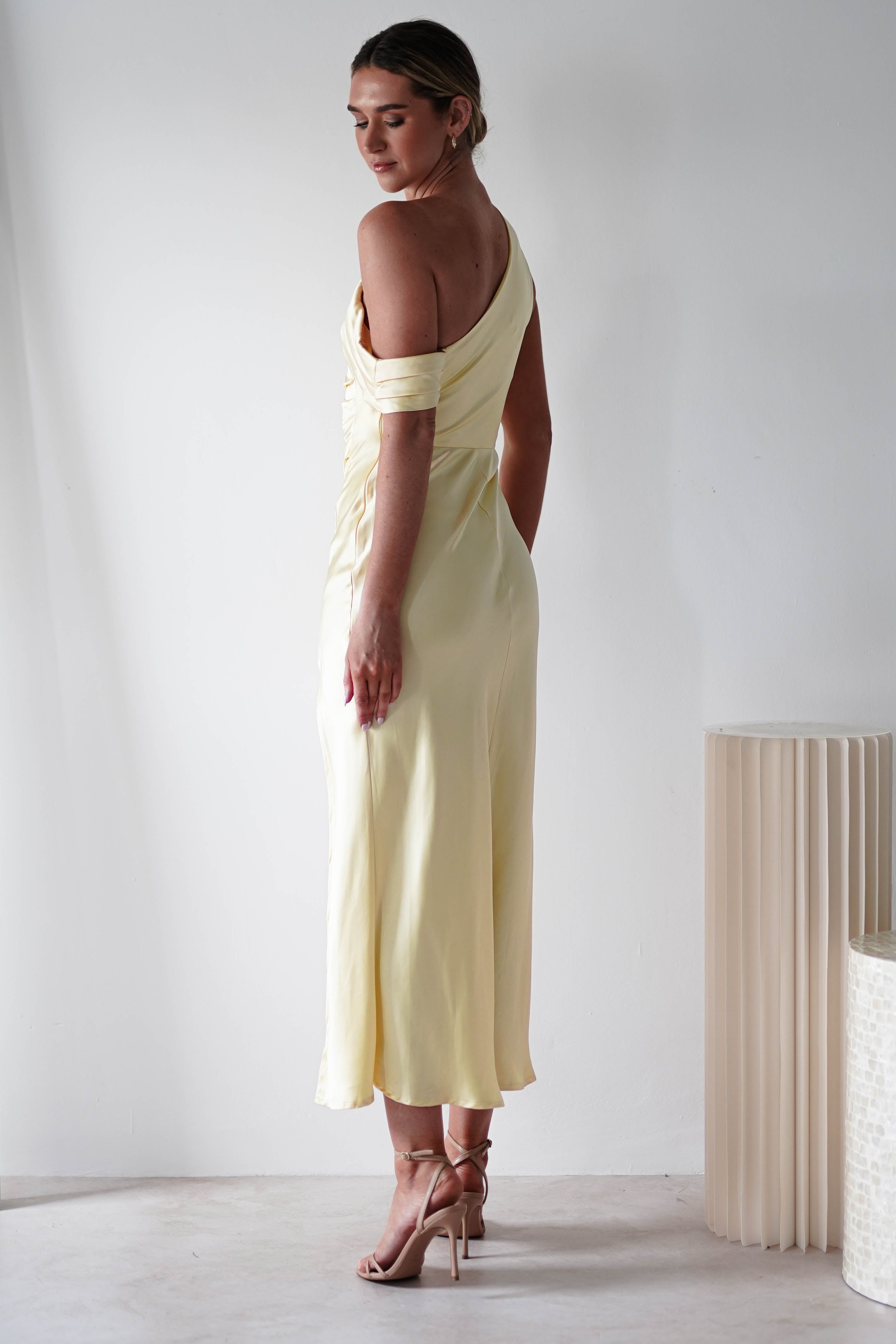 Zeila Women's Soft Satin Maxi Dress - Flowy Long Summer Dress with Side Slits, Yellow | Perfect for Beach Vacations, Weddings & Evening Parties