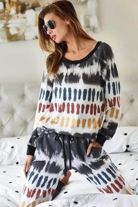 BiBi Tie Dye Print French Terry Top - Trendy Women's Casual Short Sleeve T-Shirt for Summer Outfits, Beach Wear & Lounge