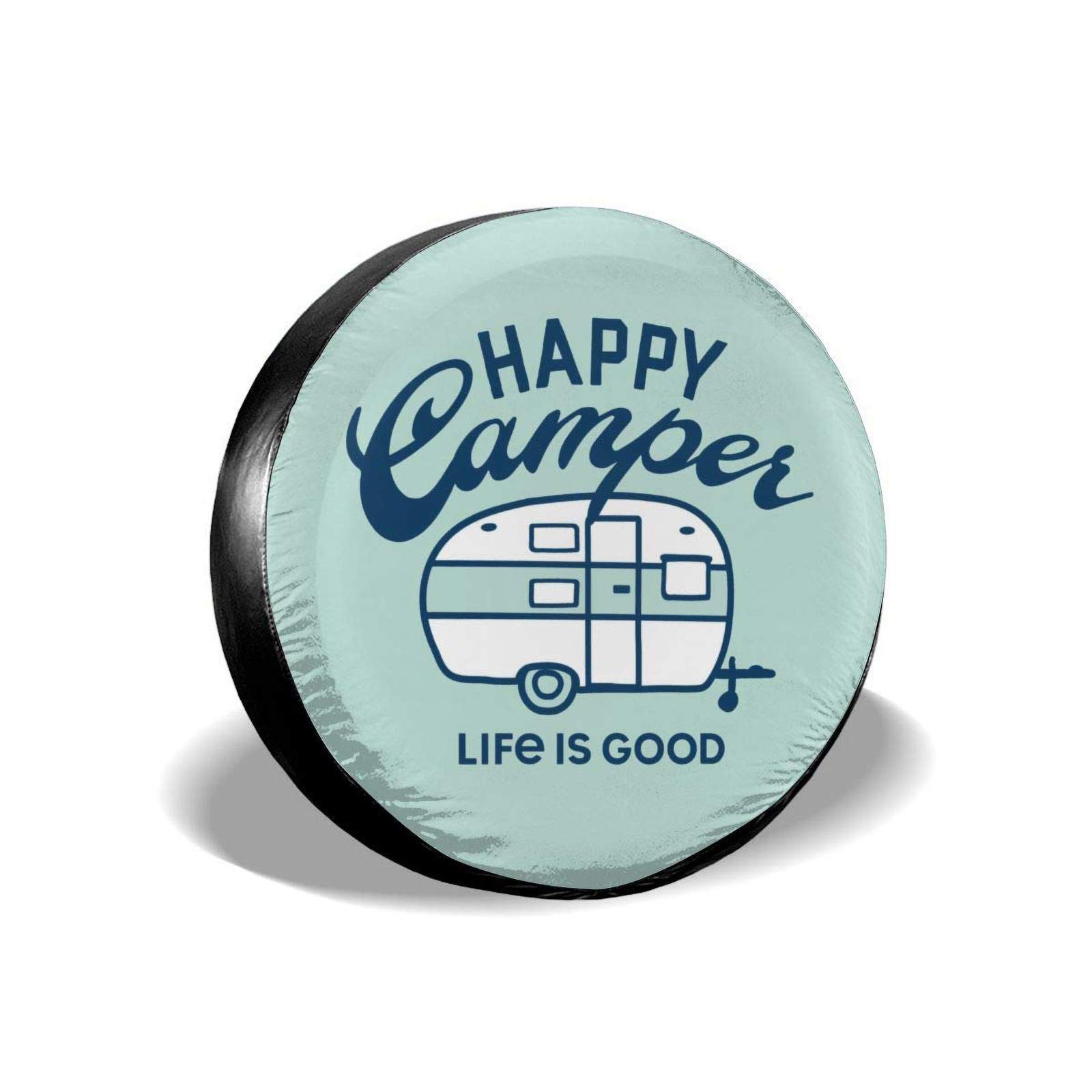 Fresquo Life is Good Happy Camper Universal Spare Tire Cover - Waterproof RV, SUV, Trailer & Truck Wheel Protector (Blue) - Perfect for Camping Trips & Road Adventures