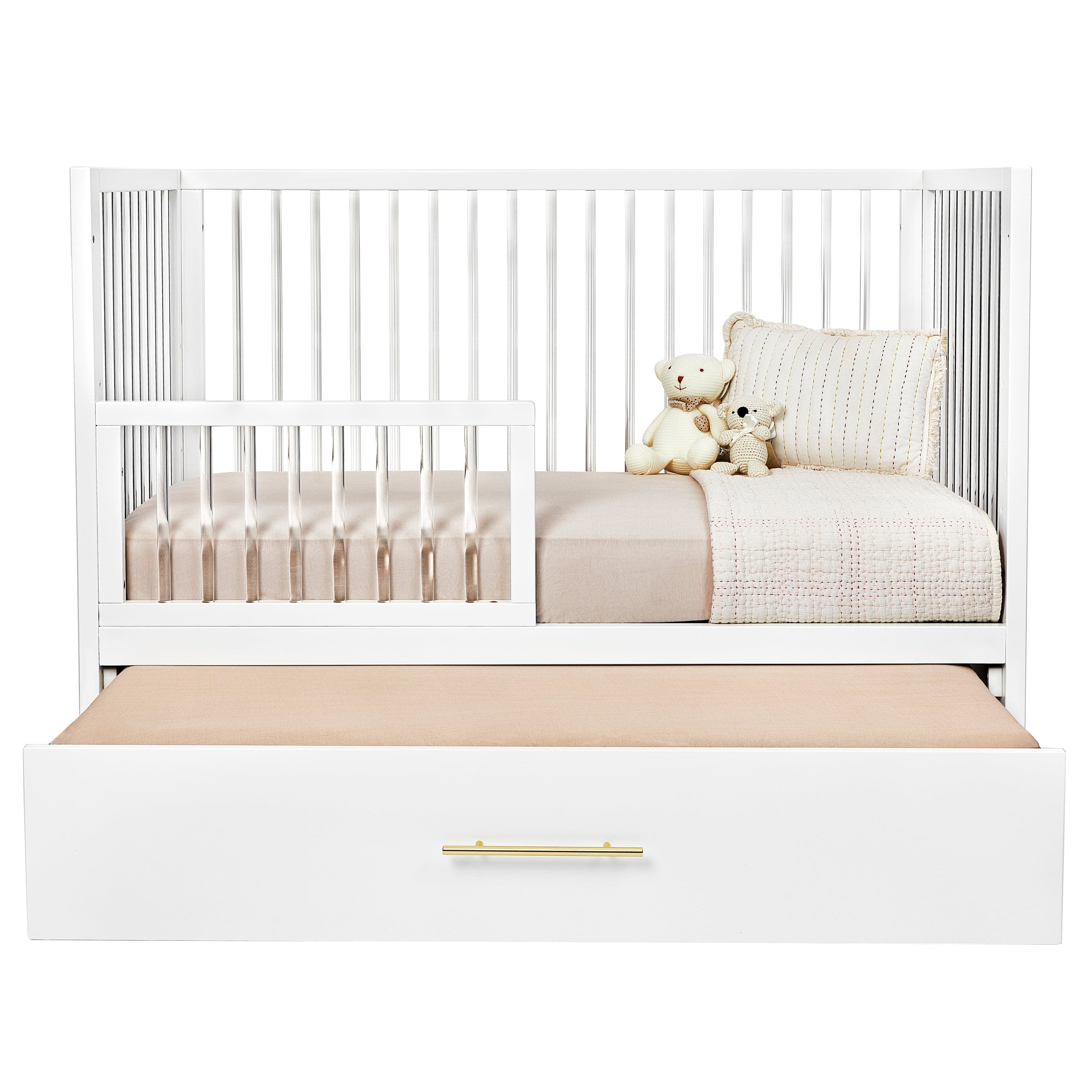 Hush Crib with Trundle - Gold Handle Convertible Baby Crib for Nursery - Perfect for Small Spaces & Shared Rooms