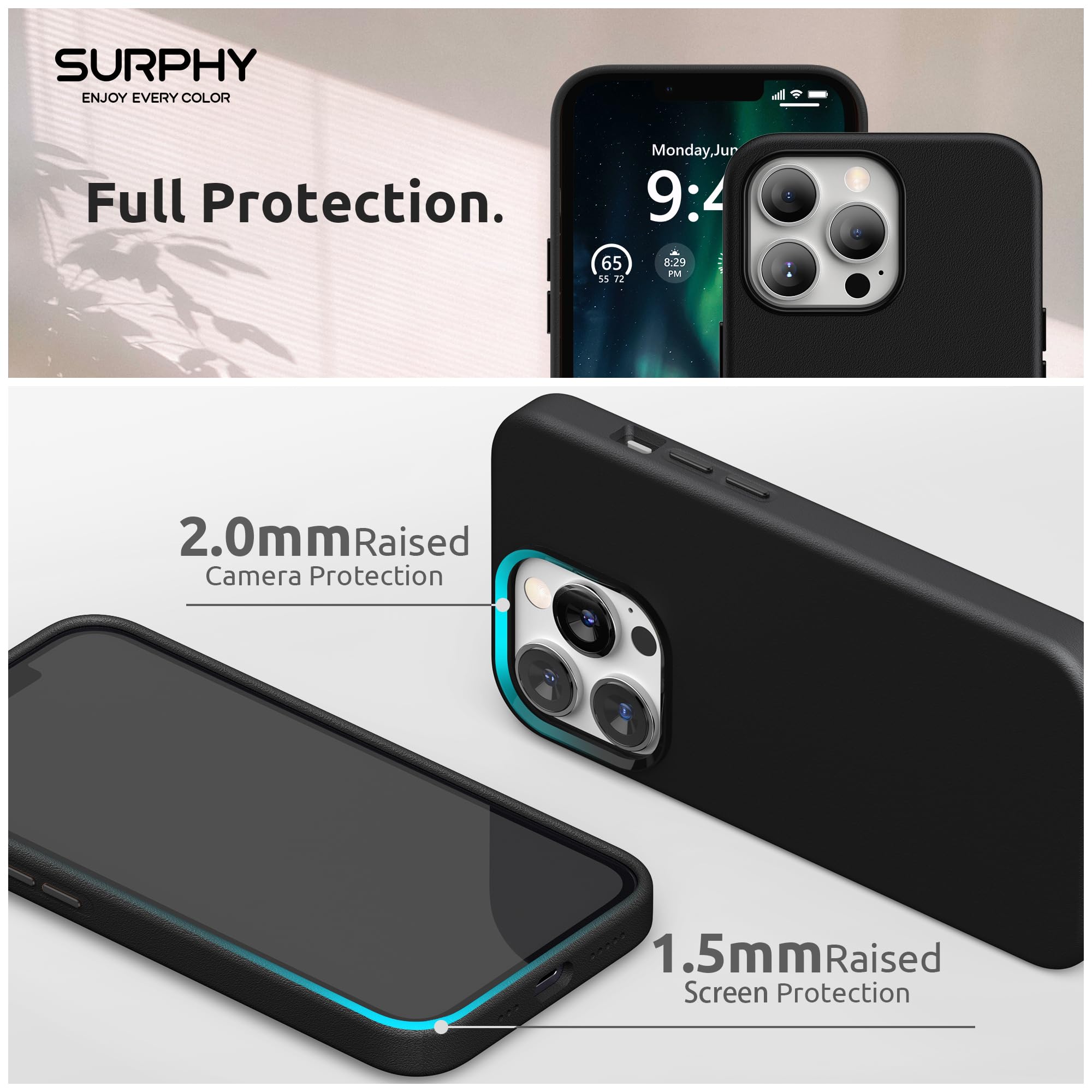 Premium Faux Leather iPhone 13 Pro Case (6.1 inch 2021) - SURPHY Slim Protective Cover with Metallic Buttons & Microfiber Lining | Perfect for Work, Travel & Everyday Use - Black