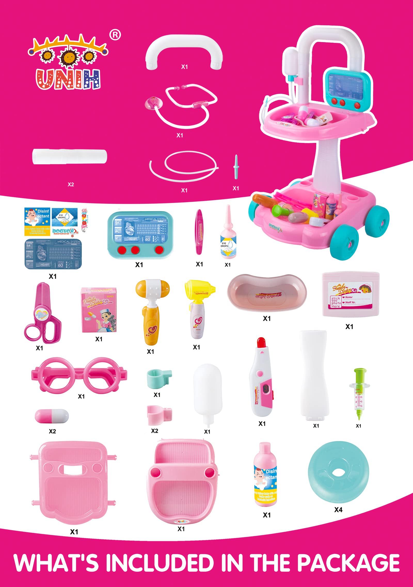 UNIH Kids Doctor Cart Kit - Realistic Medical Play Set with Lights for Toddlers Ages 2-5, Pretend Play Toy for Boys & Girls (Pink) | Perfect for Role Play, Preschool Learning & Birthday Gifts