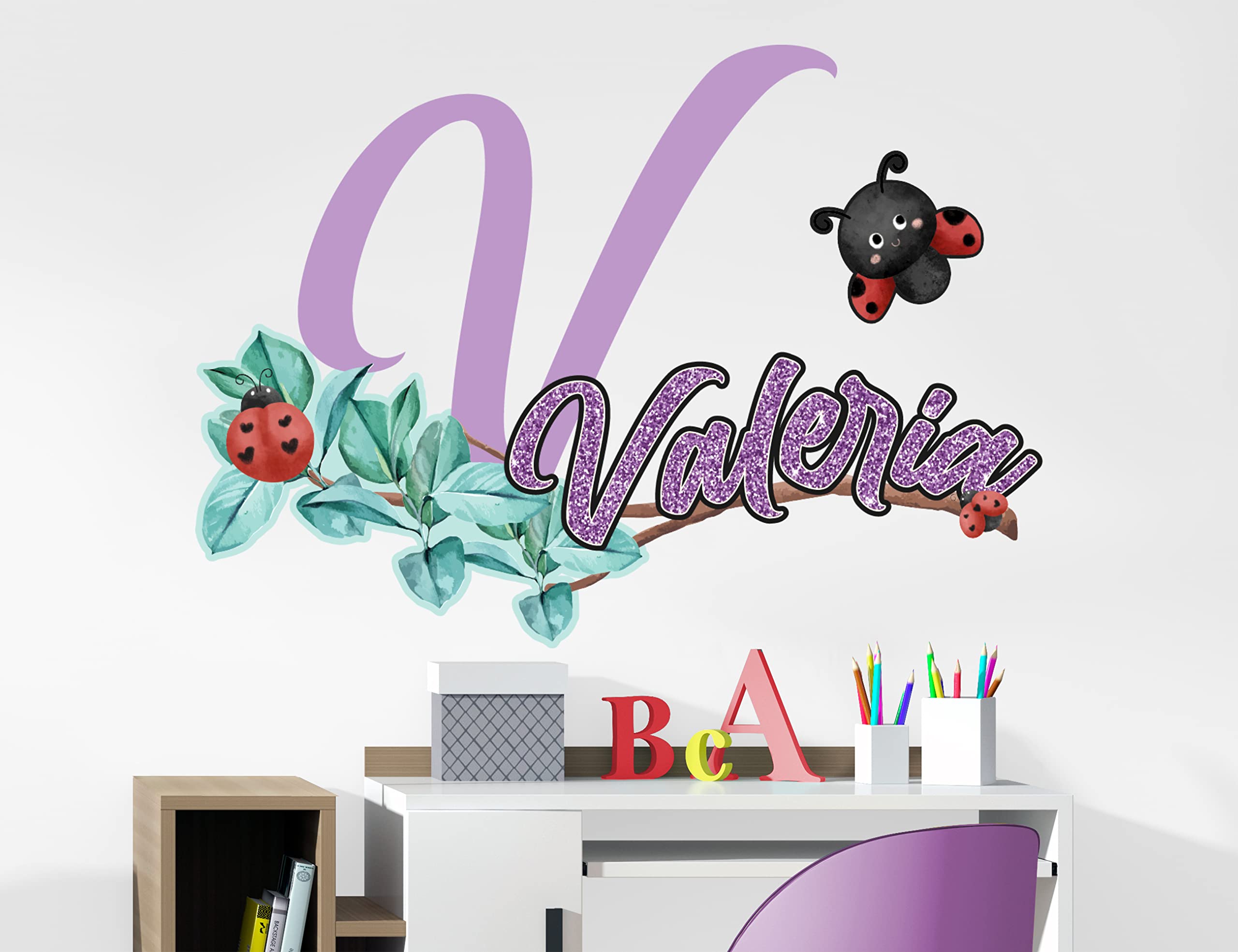 Custom Ladybug & Flower Name Wall Decals for Girls - Personalized Nursery Room Decor - Baby Girl Bedroom Wall Stickers - Removable Kids Room Decoration for Walls (Perfect for Birthday Gifts & Nursery Theming)