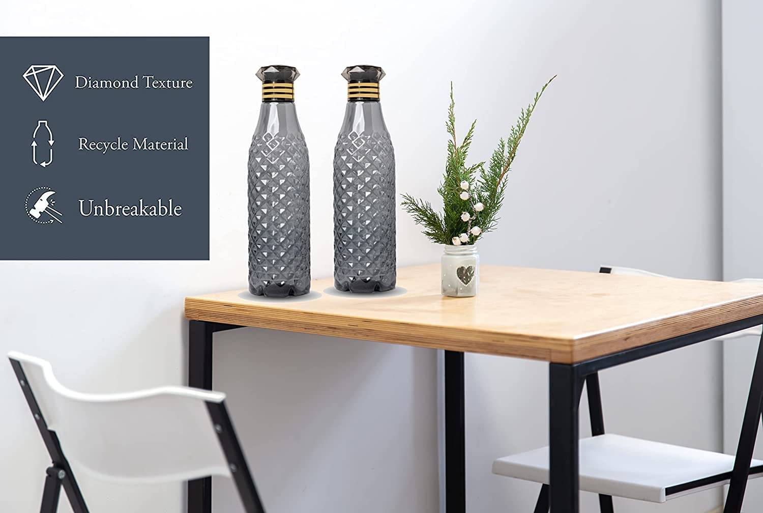 DEE SONS 1000ml BPA-Free Clear Diamond-Shaped Water Bottle with Leak-Proof Lid - 3 Pack (Black) for Home, Office, Gym & Outdoor Activities